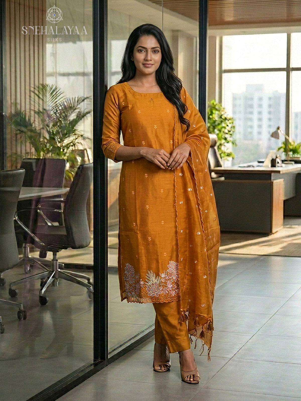 Orange Organza 3-Piece Salwar Suit Material