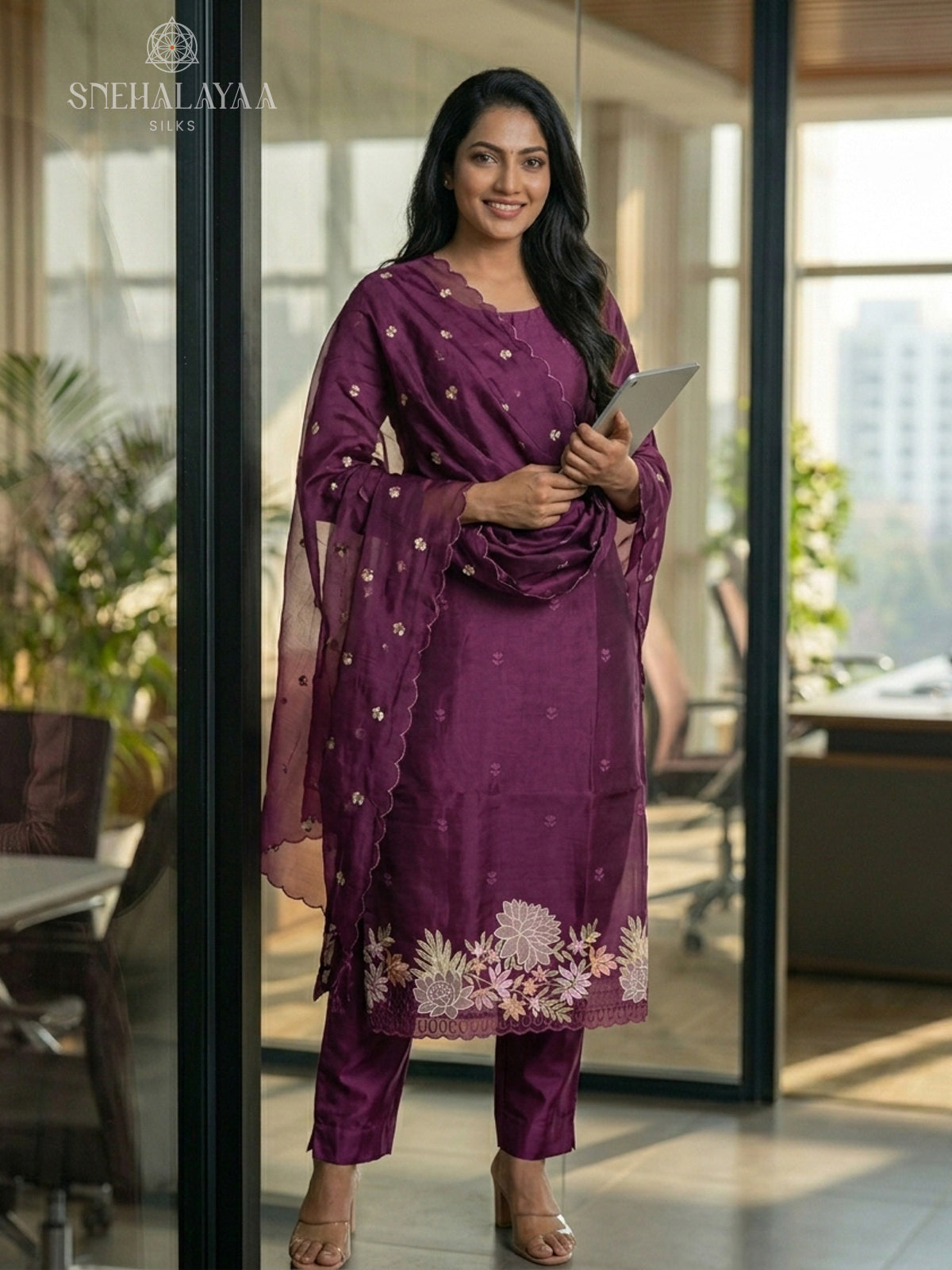 Wine Organza 3-Piece Salwar Suit Material