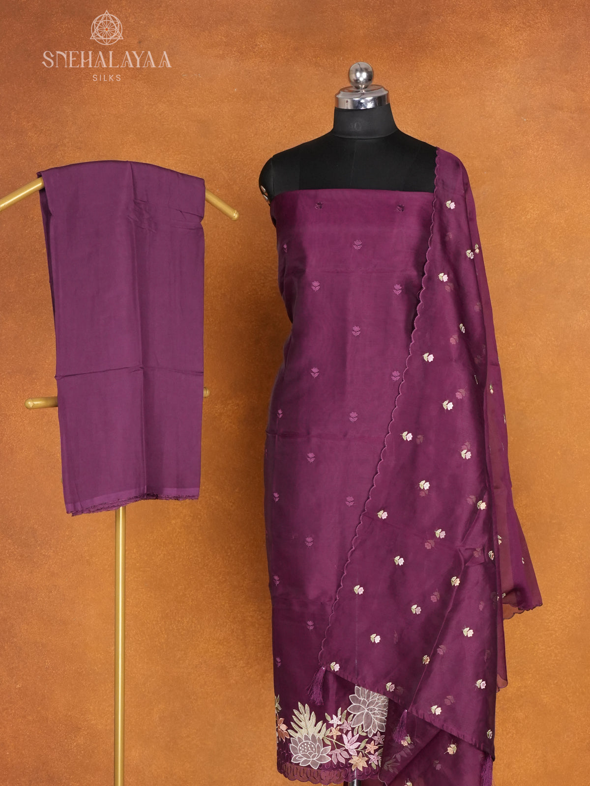 Wine Organza 3-Piece Salwar Suit Material