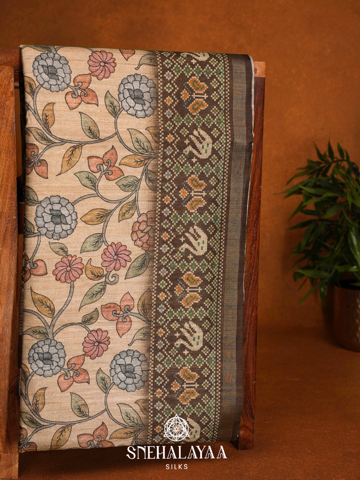 Beige With Chocolate Brown border  Tussar Saree