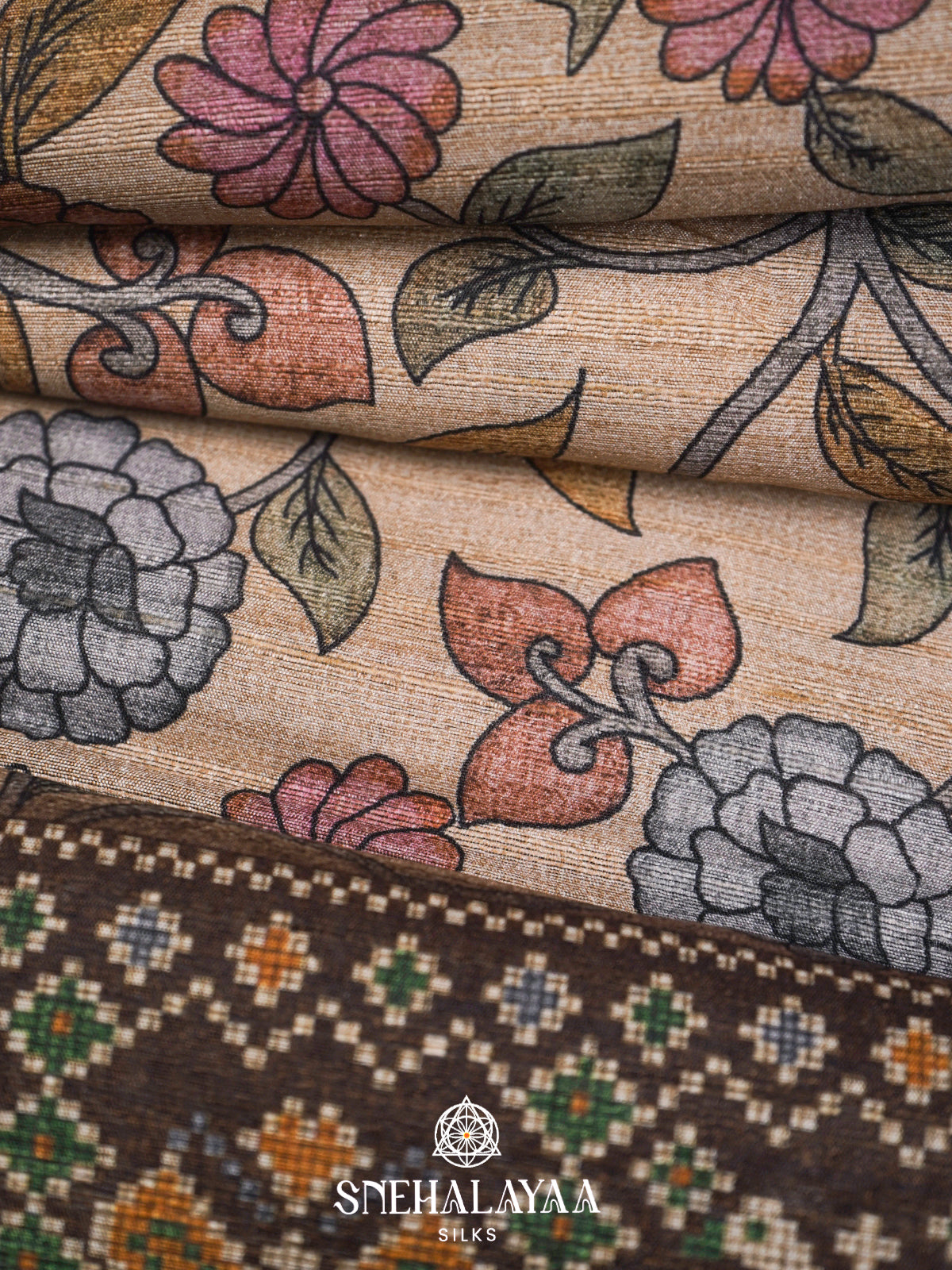Beige With Chocolate Brown border  Tussar Saree