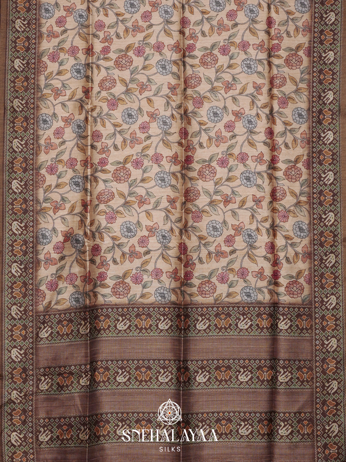 Beige With Chocolate Brown border  Tussar Saree