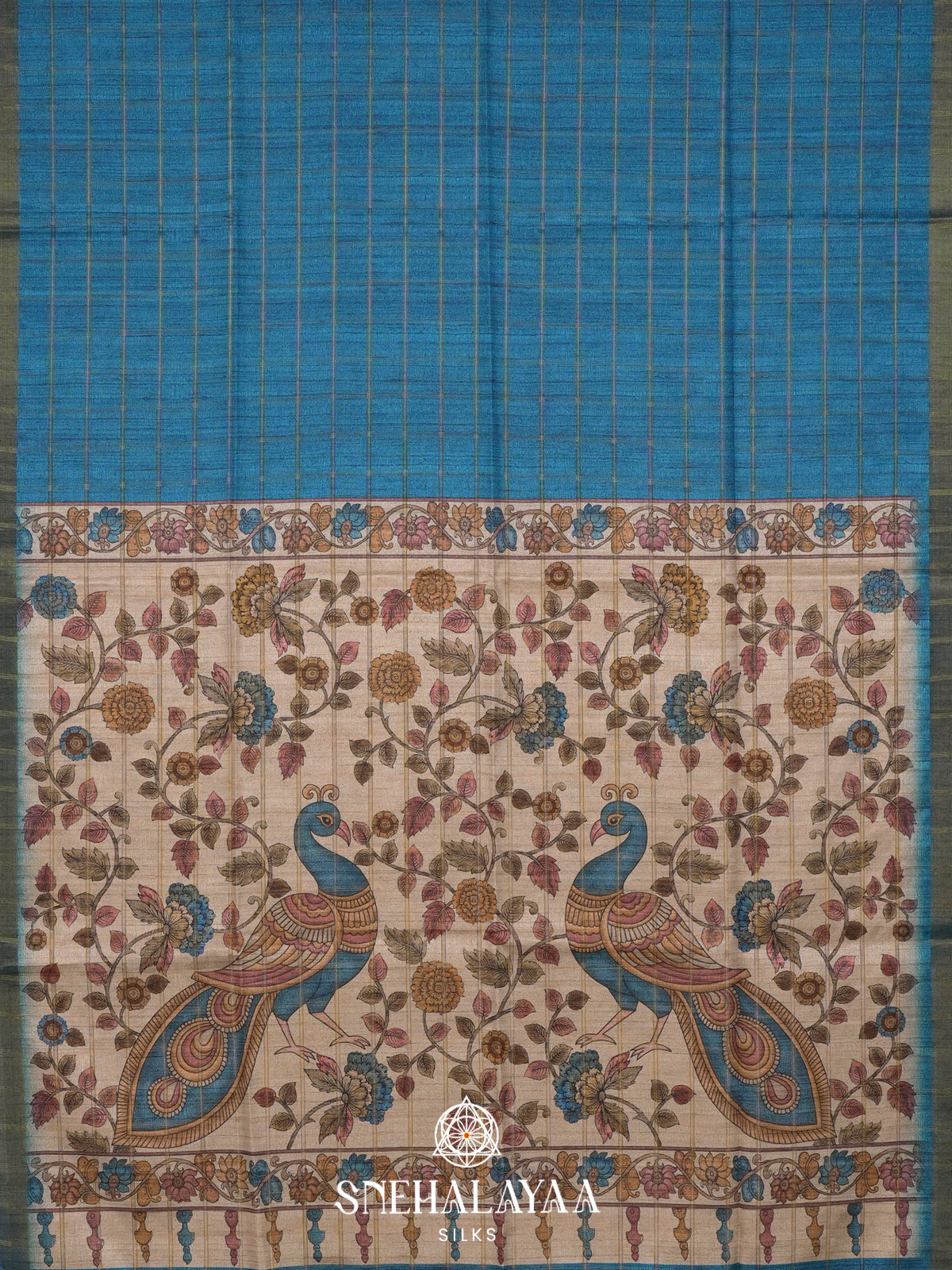 Peacock Blue  Tussar Saree