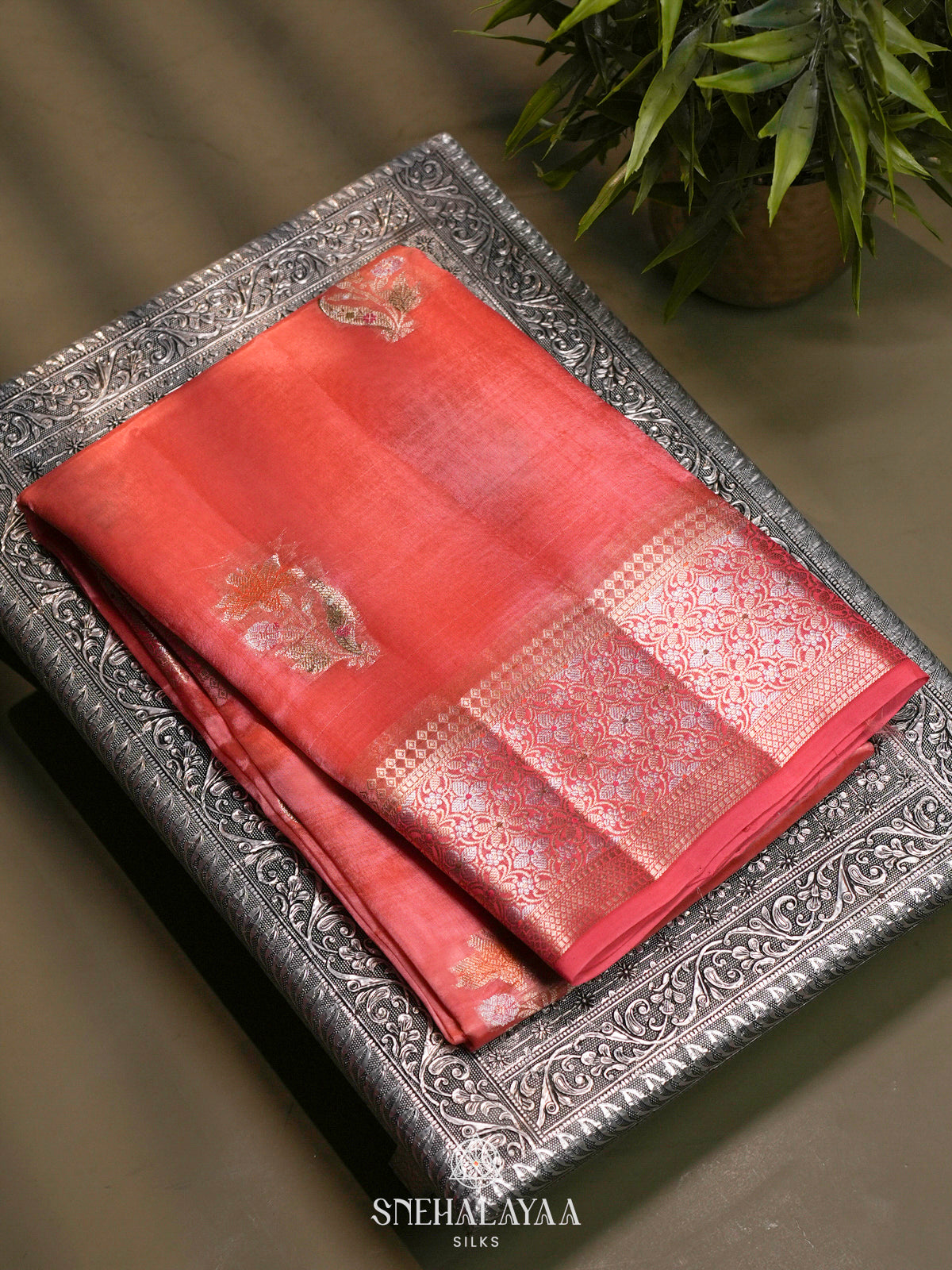 Peach Banaras Raw Silk Saree