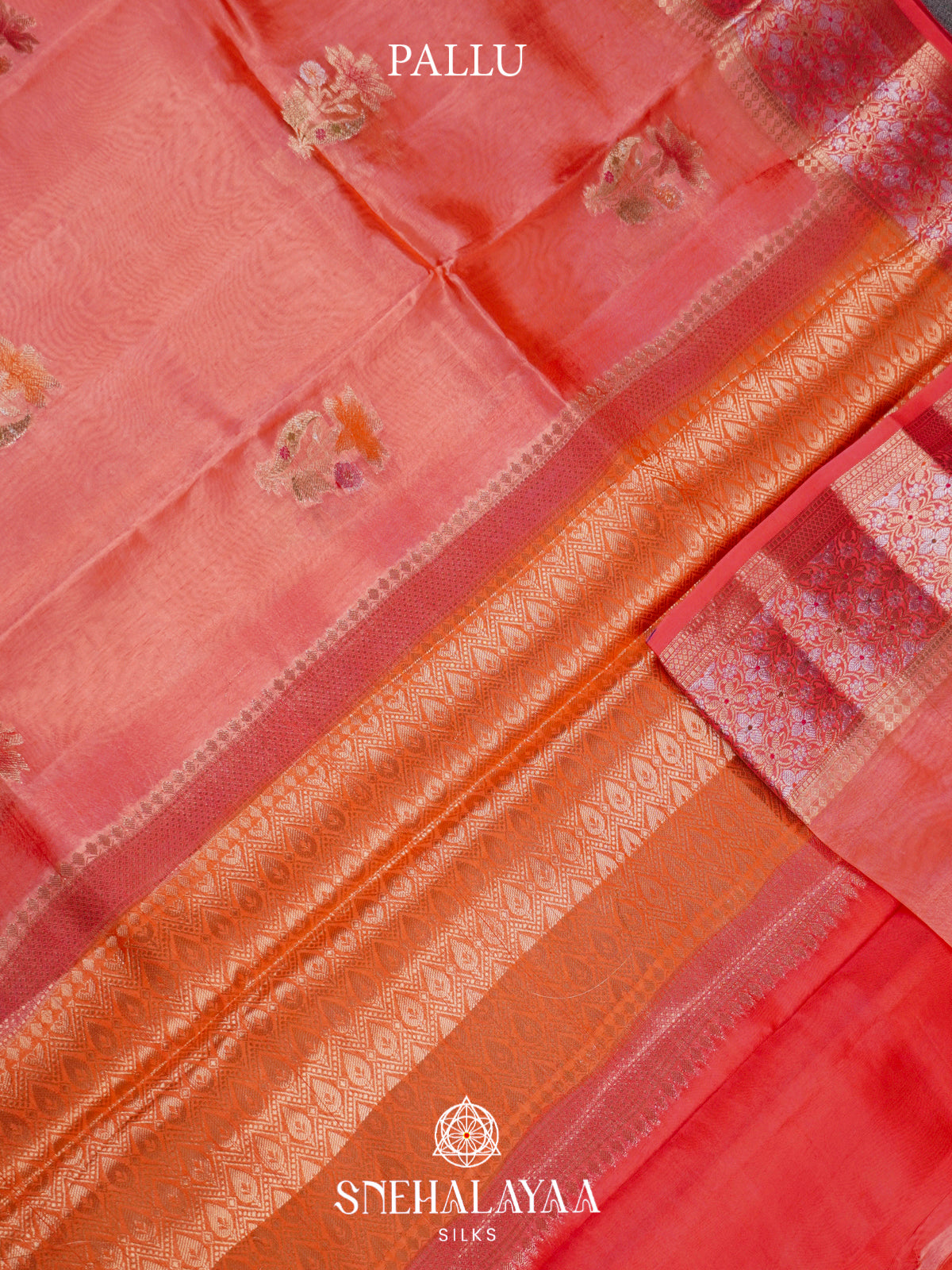 Peach Banaras Raw Silk Saree