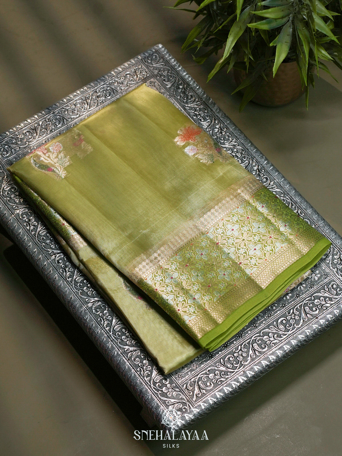 Pista Green Banaras Raw Silk Saree