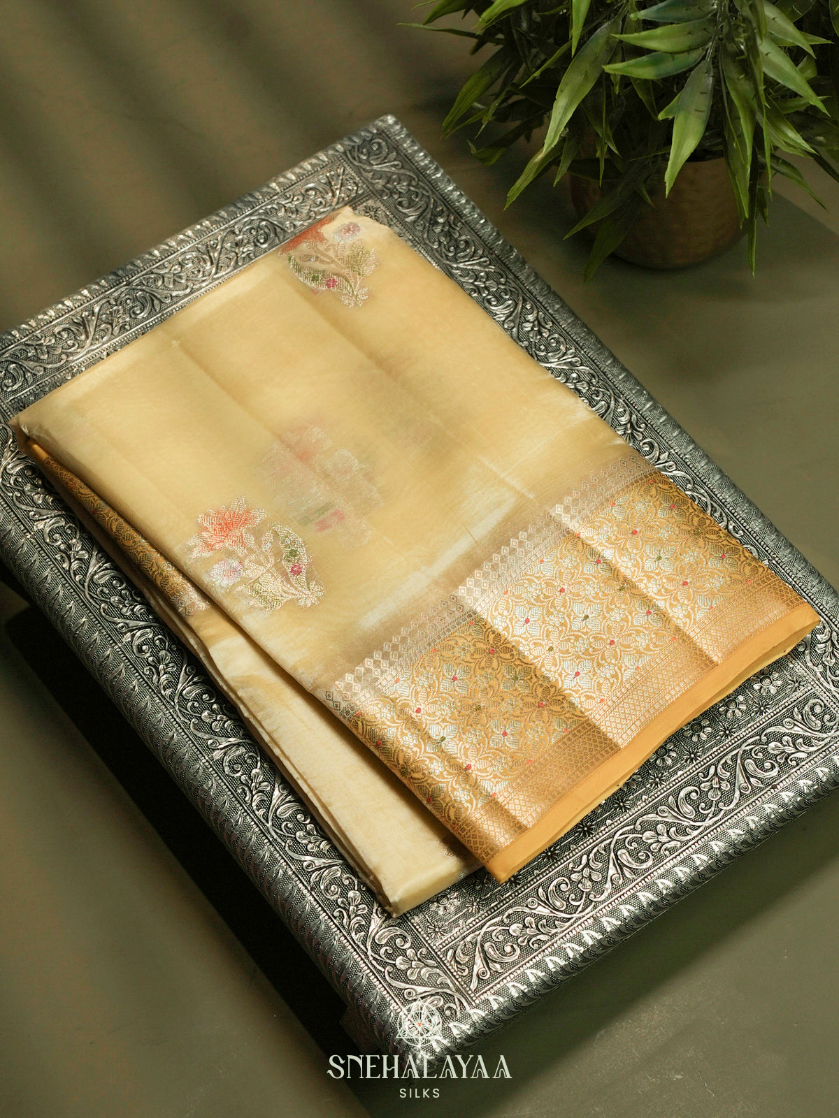 Pale Yellow Banaras Raw Silk Saree