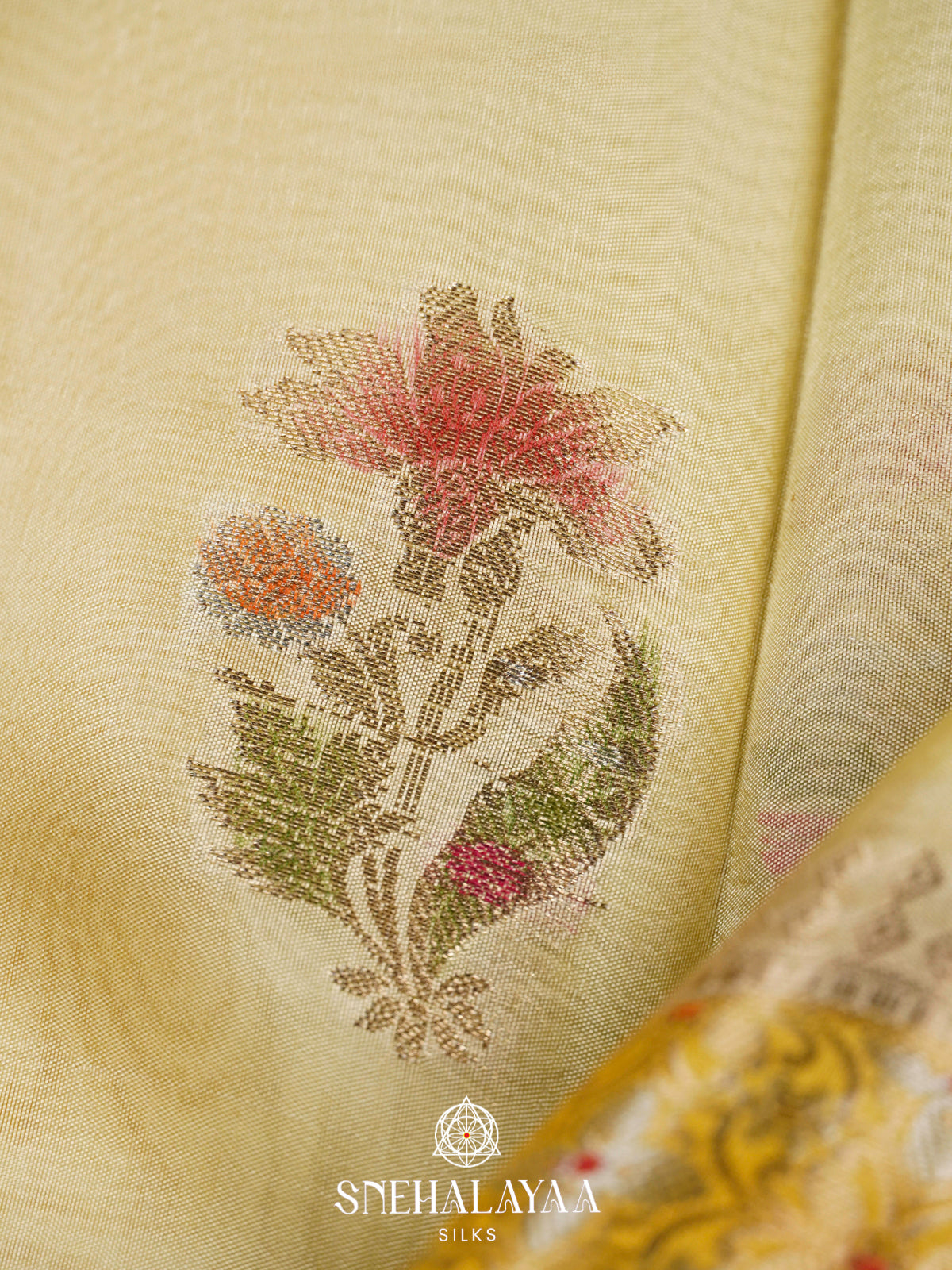 Pale Yellow Banaras Raw Silk Saree