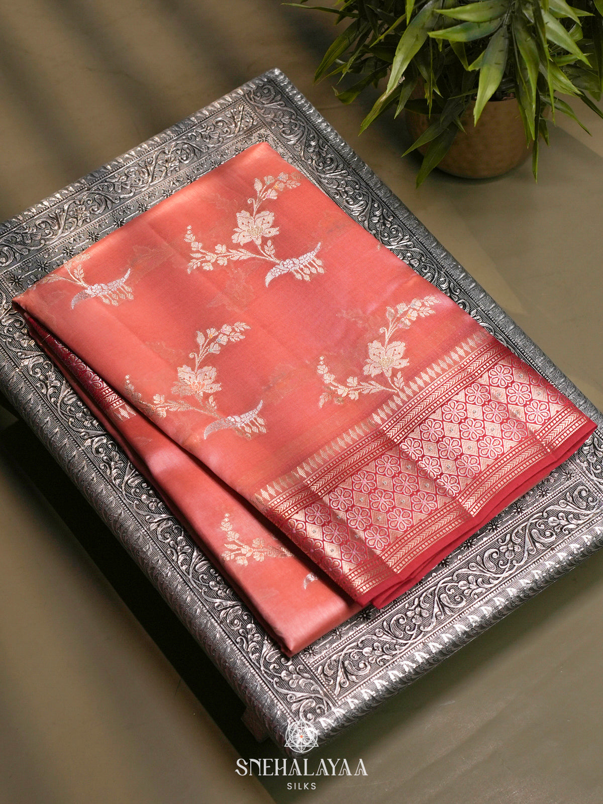 Peach Banaras Raw Silk Saree