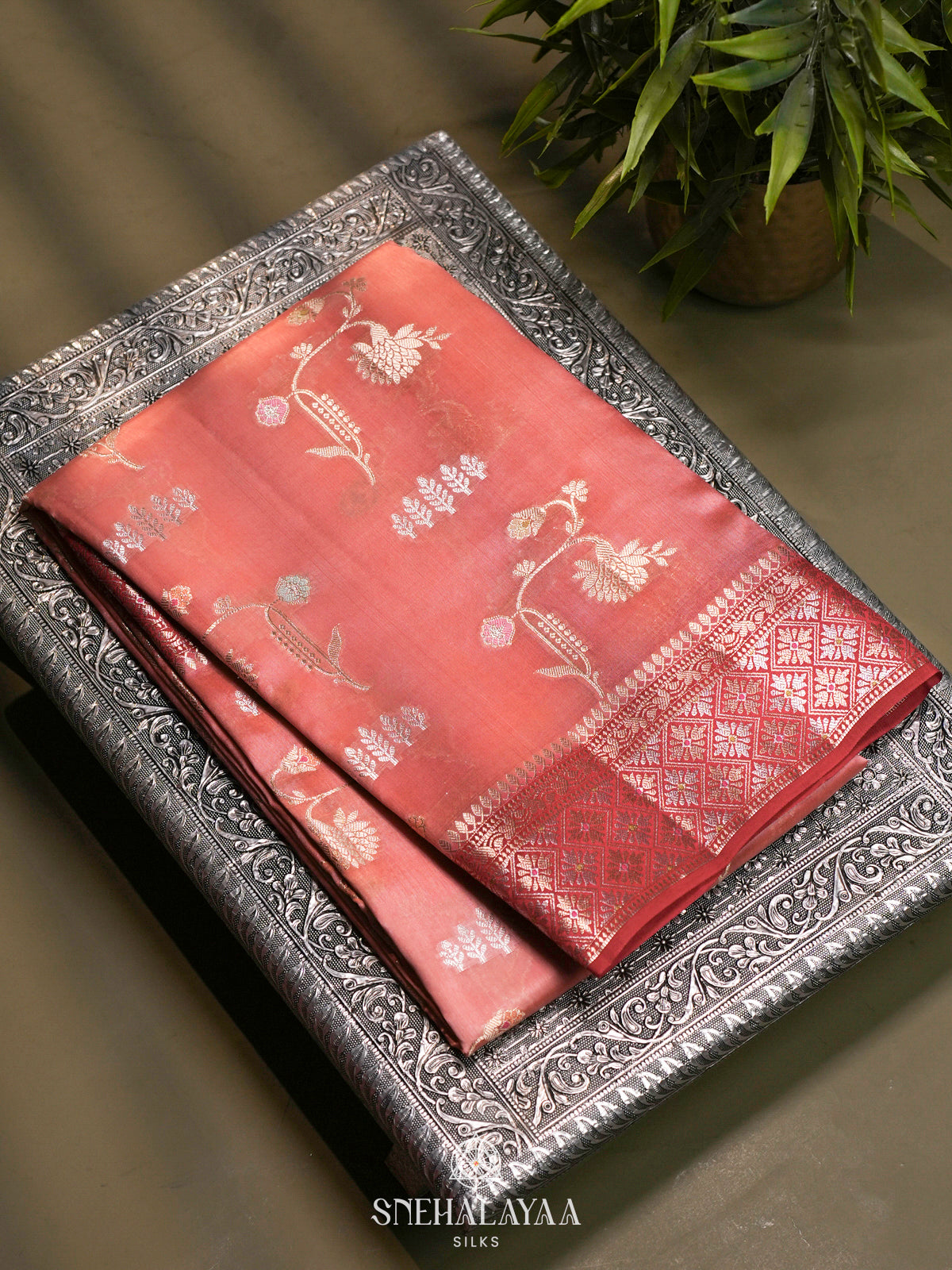 Peach Banaras Raw Silk Saree