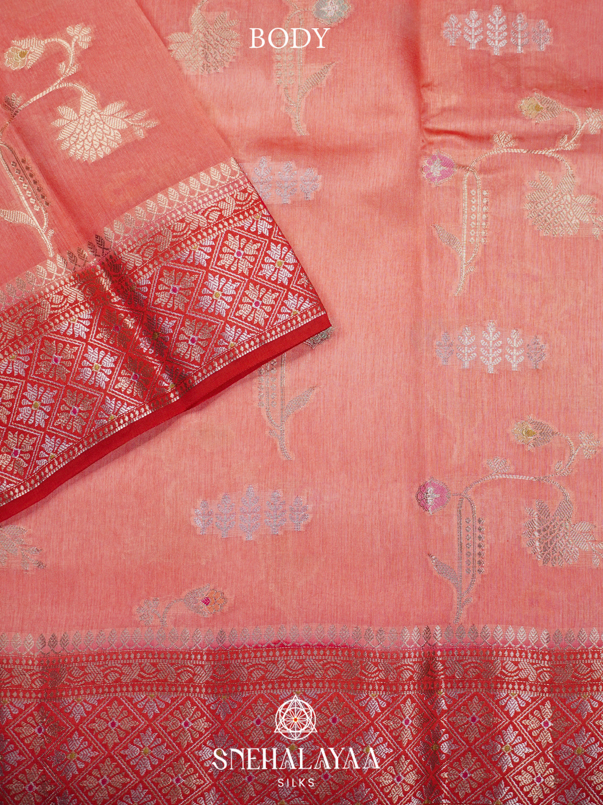 Peach Banaras Raw Silk Saree
