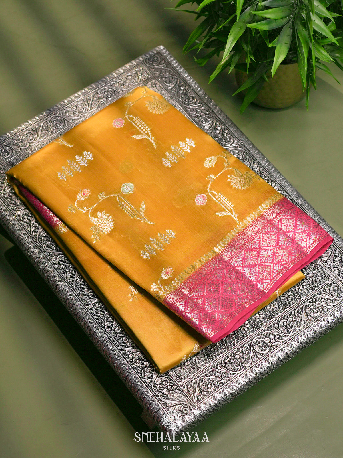 Mango Yellow Banaras Raw Silk Saree