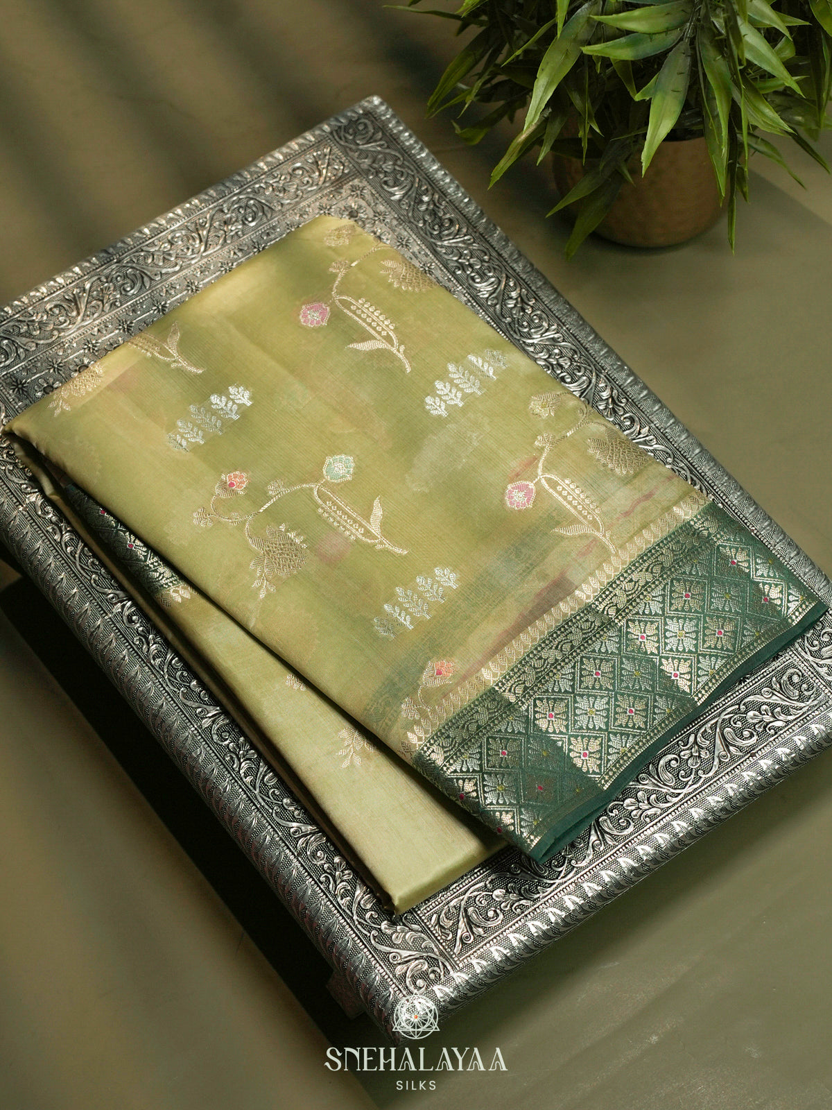 Pista Green Banaras Raw Silk Saree