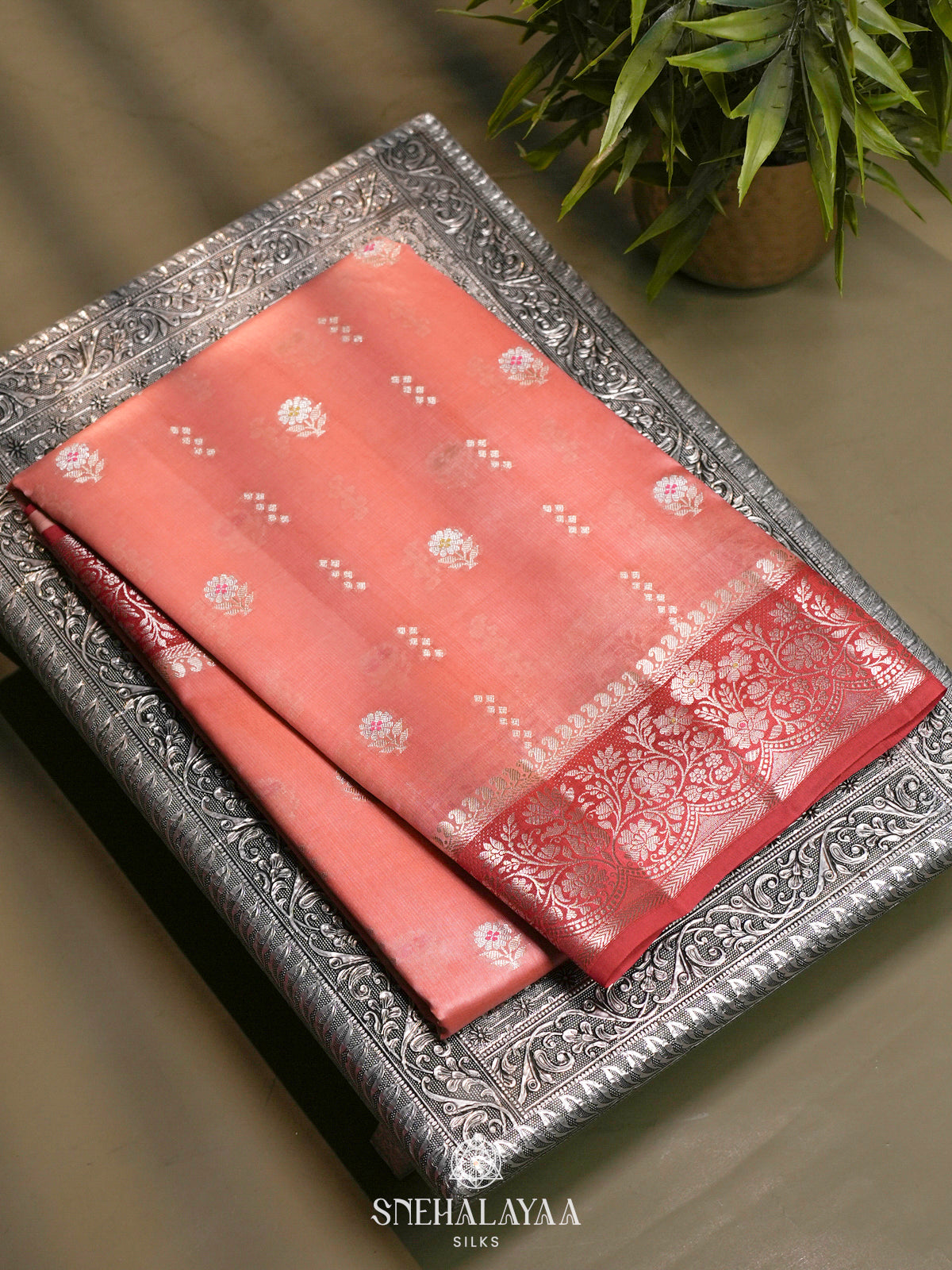 Peach Banaras Raw Silk Saree