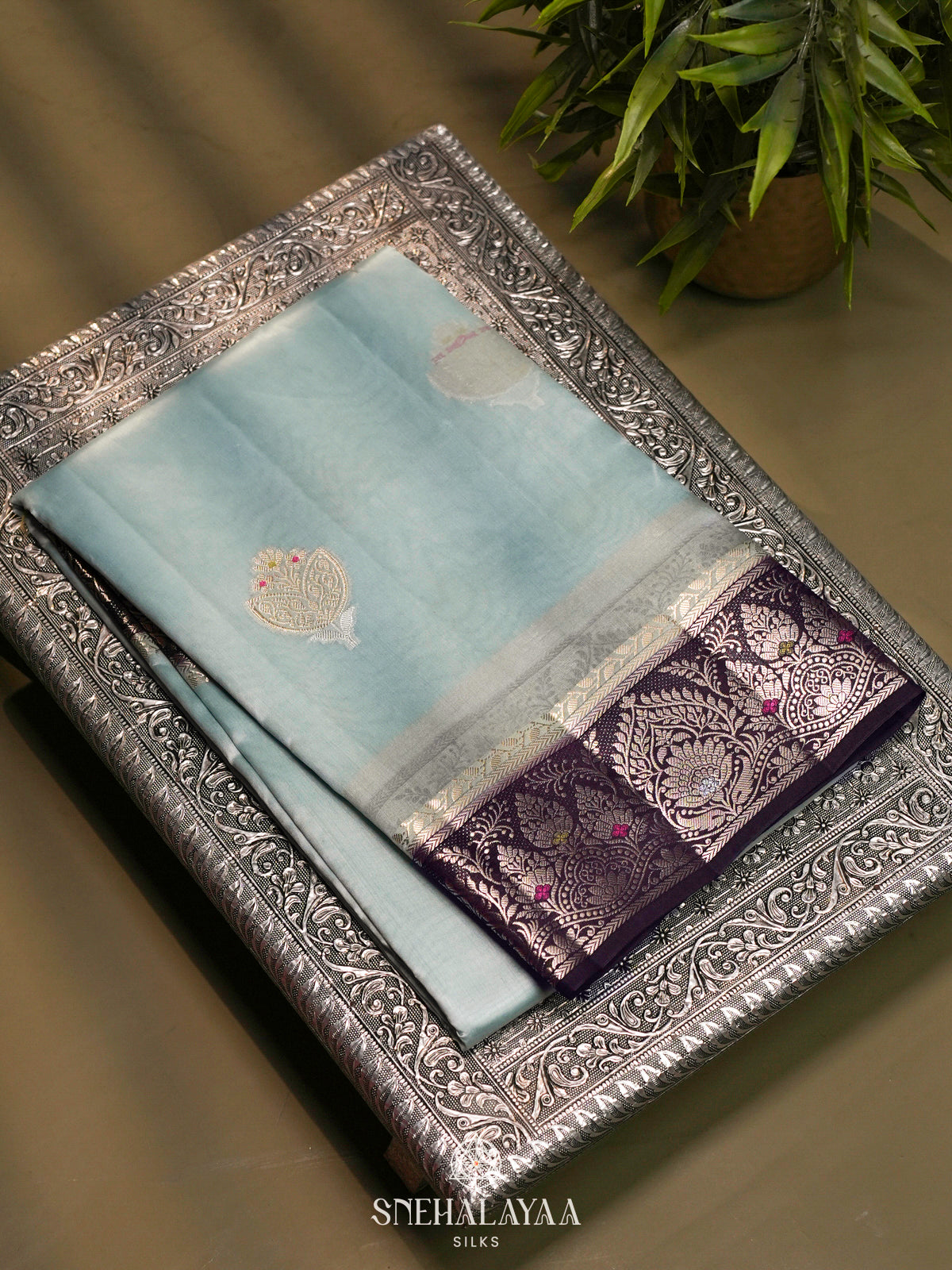 Pale Blue Banaras Raw Silk Saree