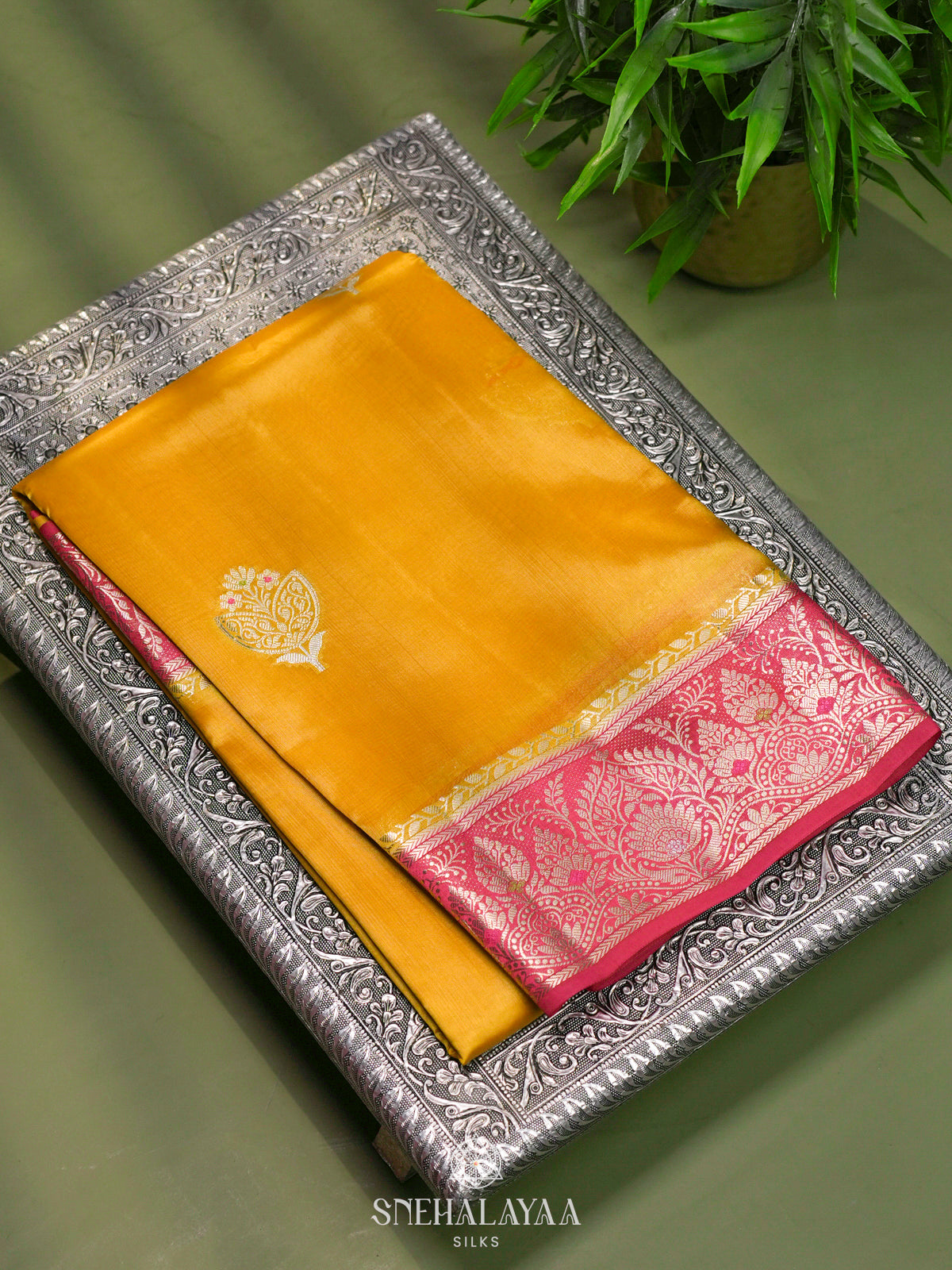 Mango Yellow Banaras Raw Silk Saree