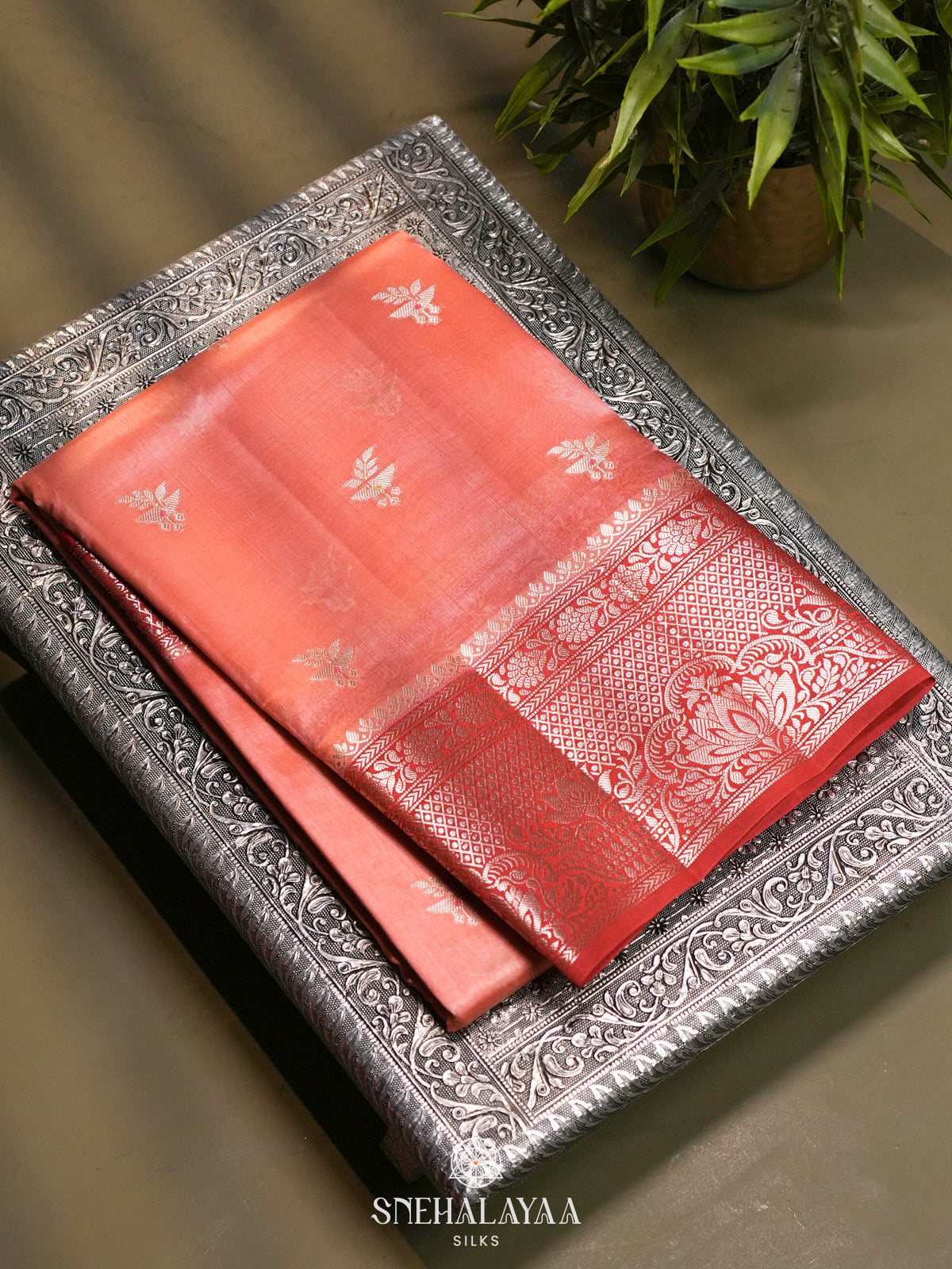 Peach Banaras Raw Silk Saree