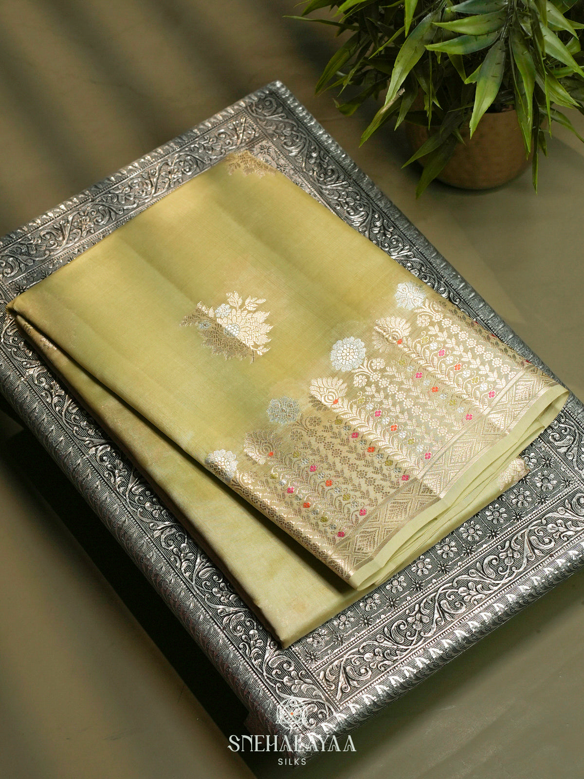 Pista Green Banaras Raw Silk Saree