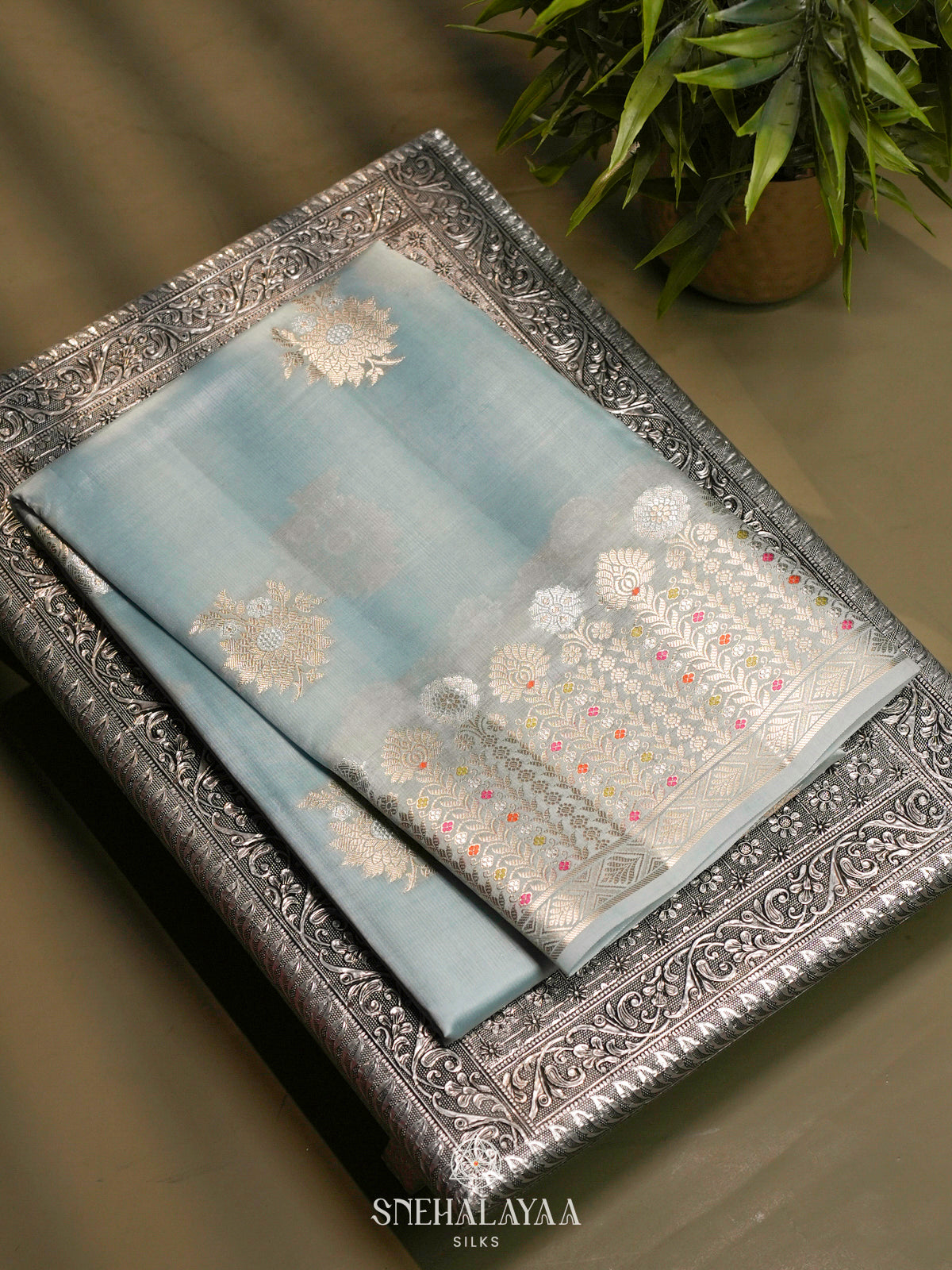 Mint Blue Banaras Raw Silk Saree