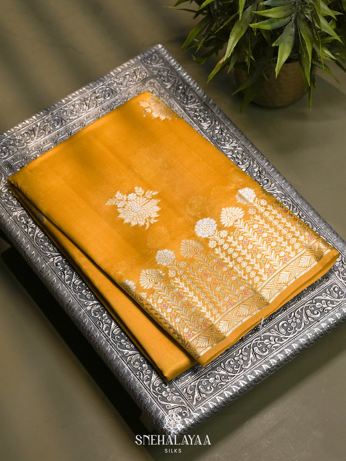 Mango Yellow Banaras Raw Silk Saree