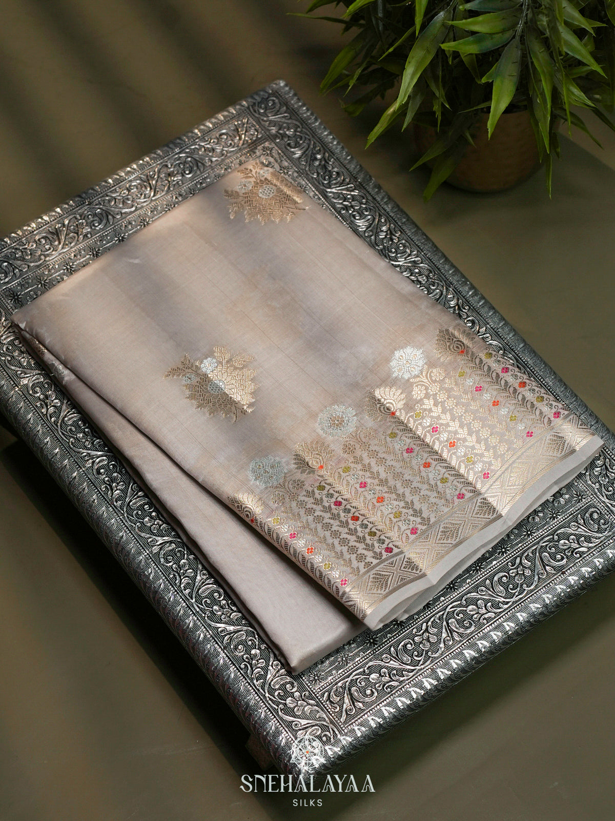 Grey Banaras Raw Silk Saree