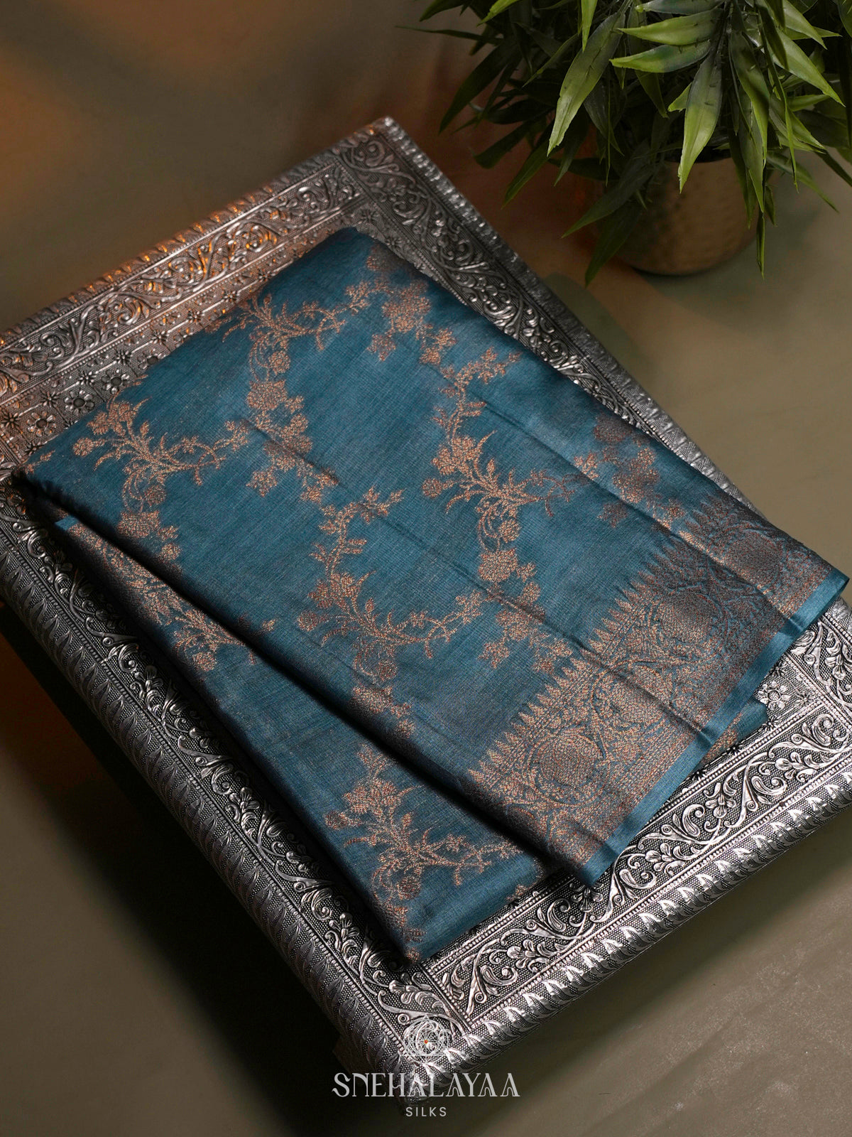 Peacock Blue Tussar Saree