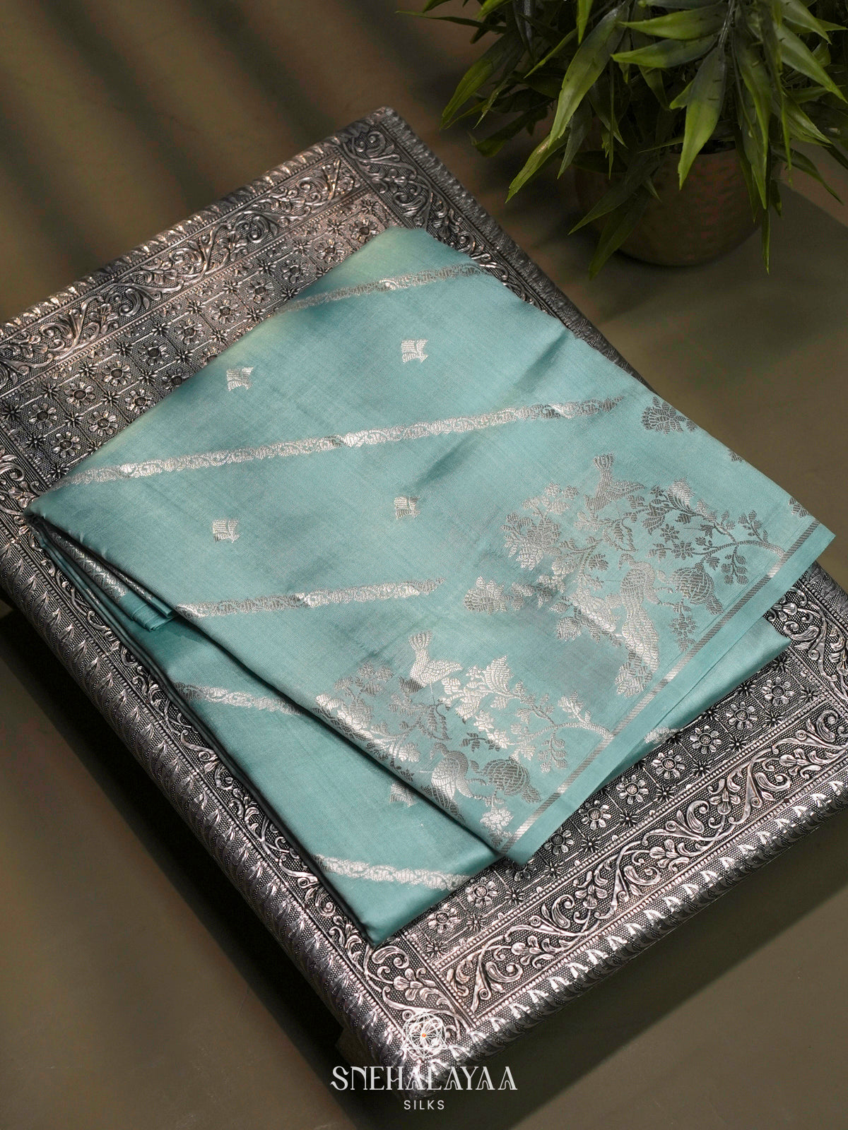 Mint Blue Chiniya Silk Saree