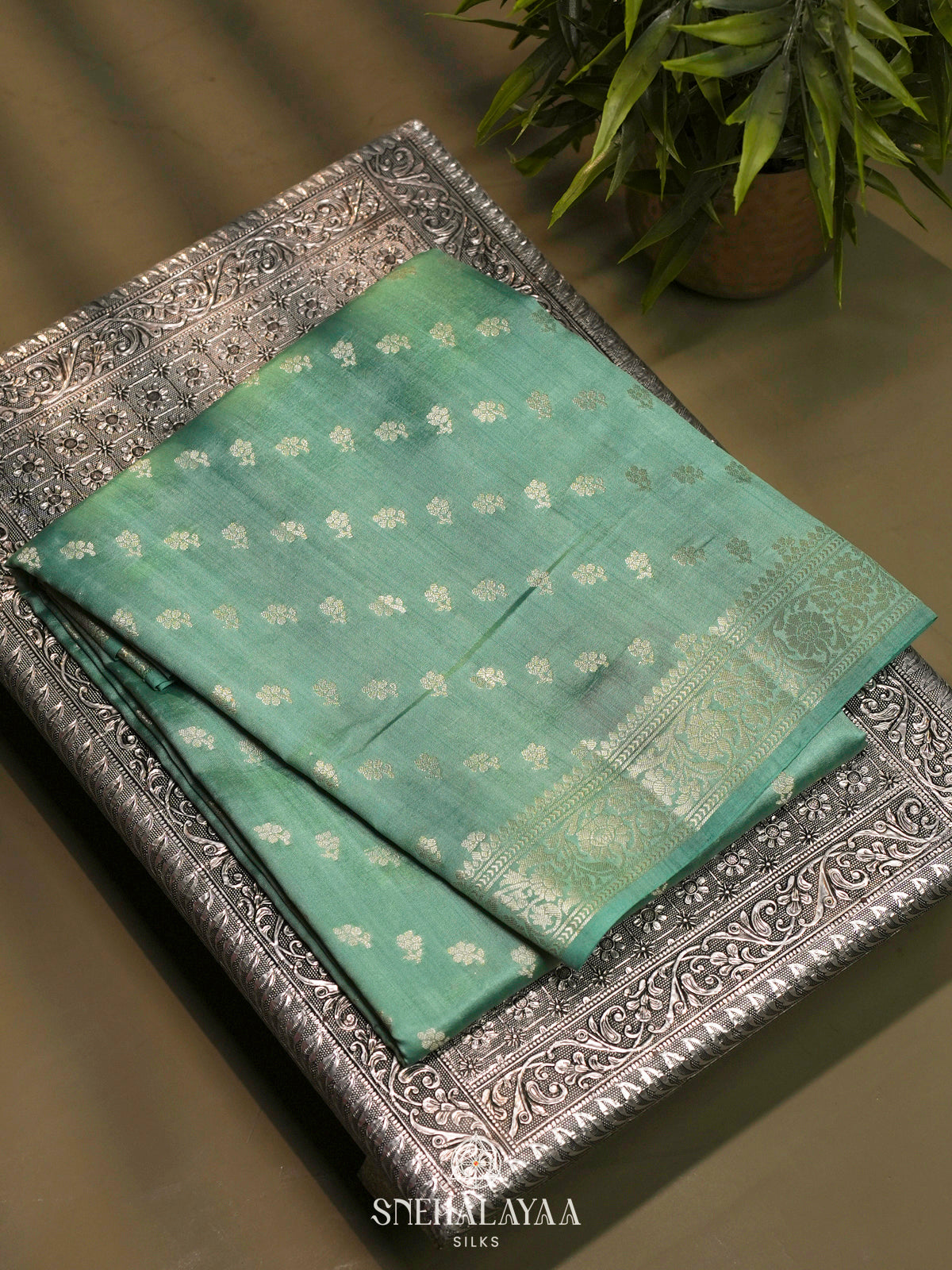 Mint Green Chiniya Silk Saree