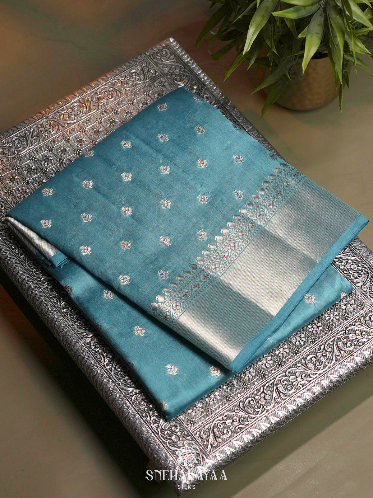 Peacock Blue Chiniya Silk Saree