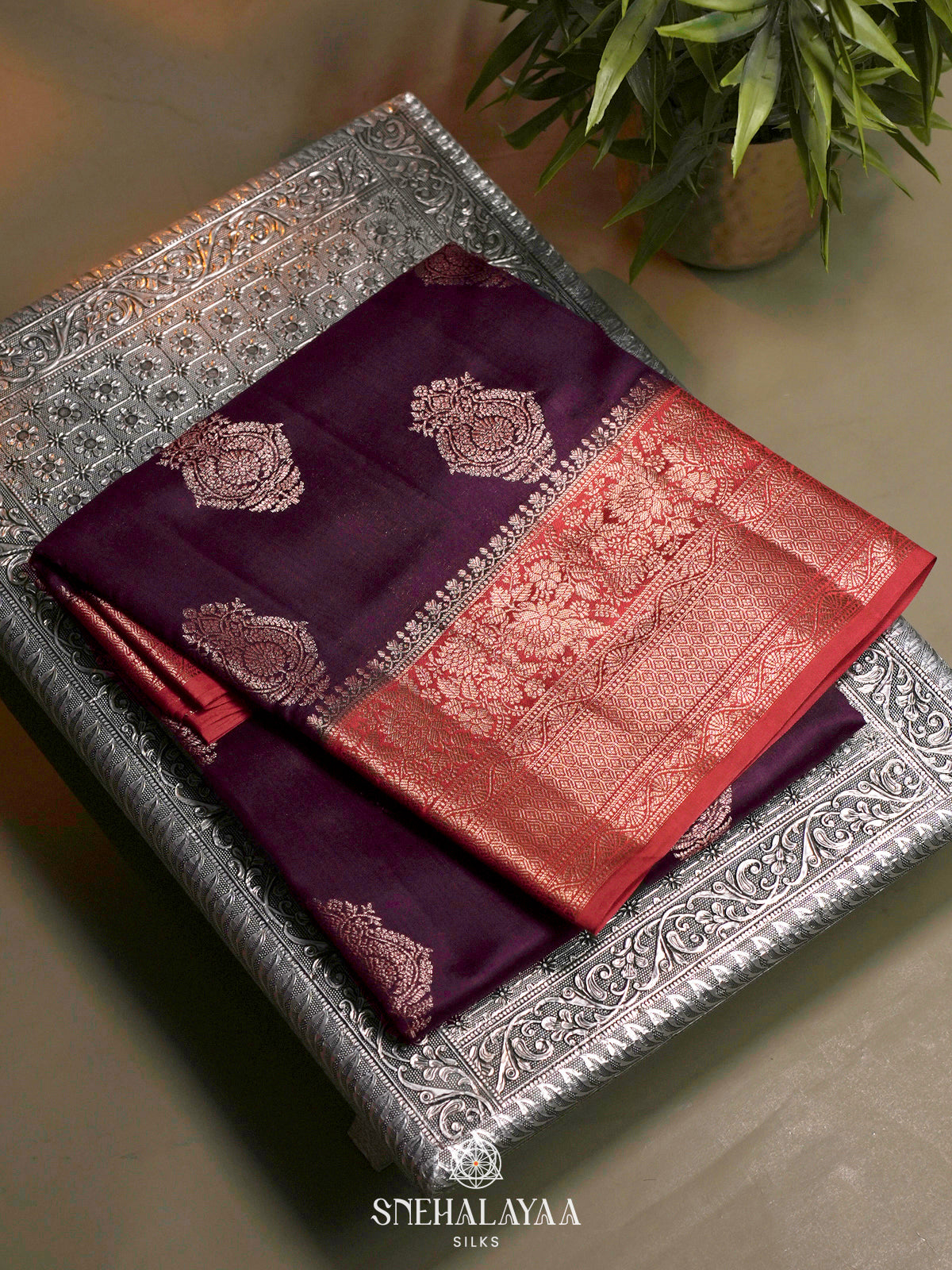 Burgundy Chiniya Silk Saree