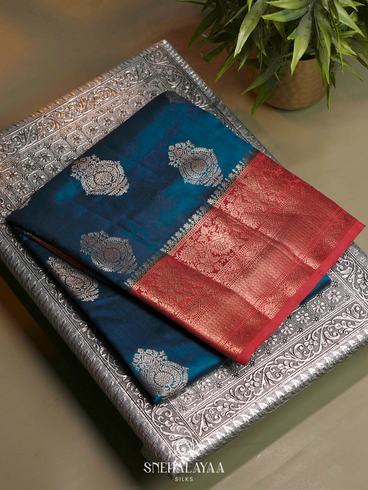 Peacock Blue Chiniya Silk Saree
