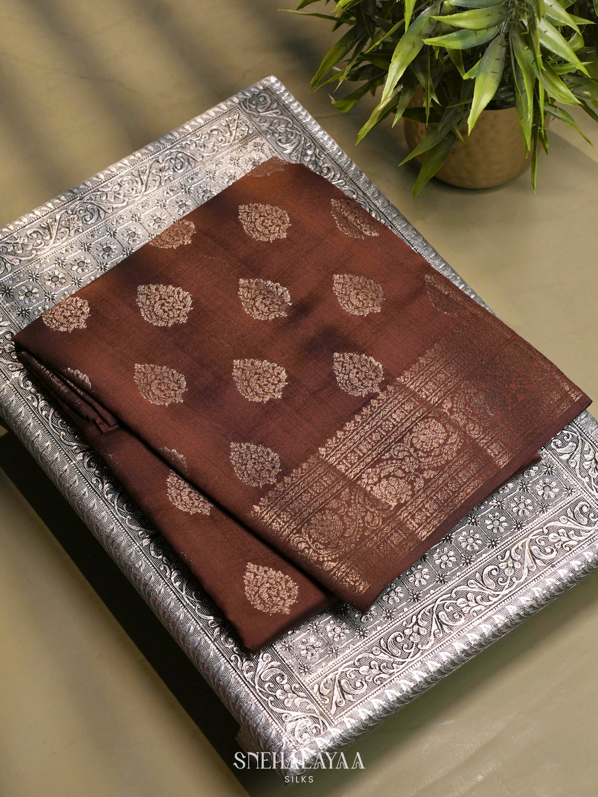 Brown Chiniya Silk Saree