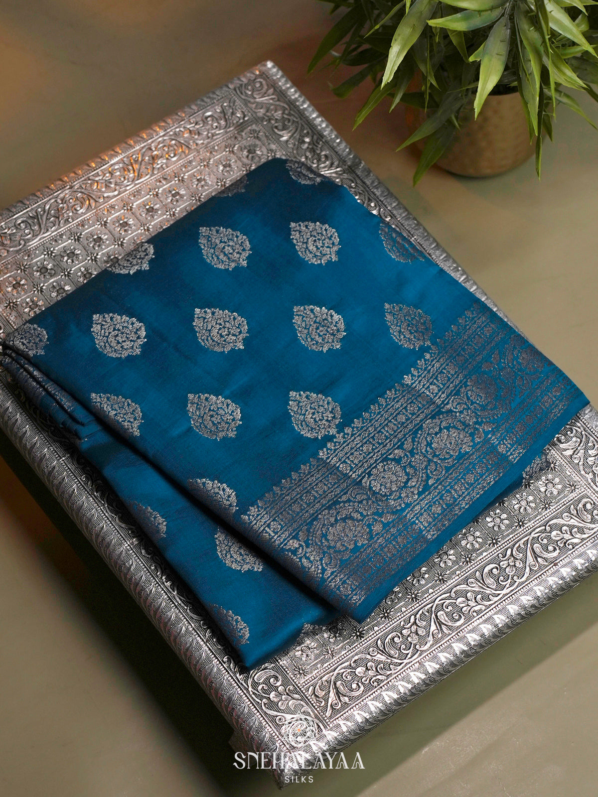 Peacock Blue Chiniya Silk Saree