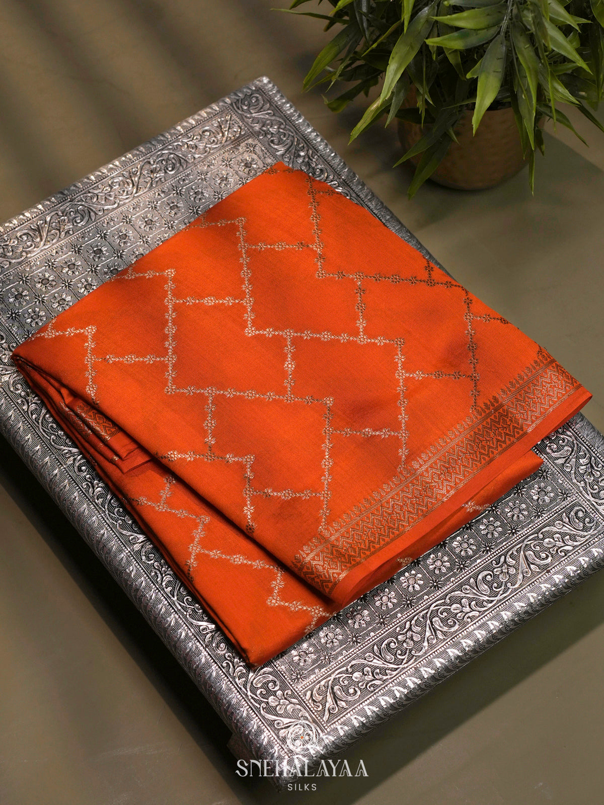 Orange Chiniya Silk Saree