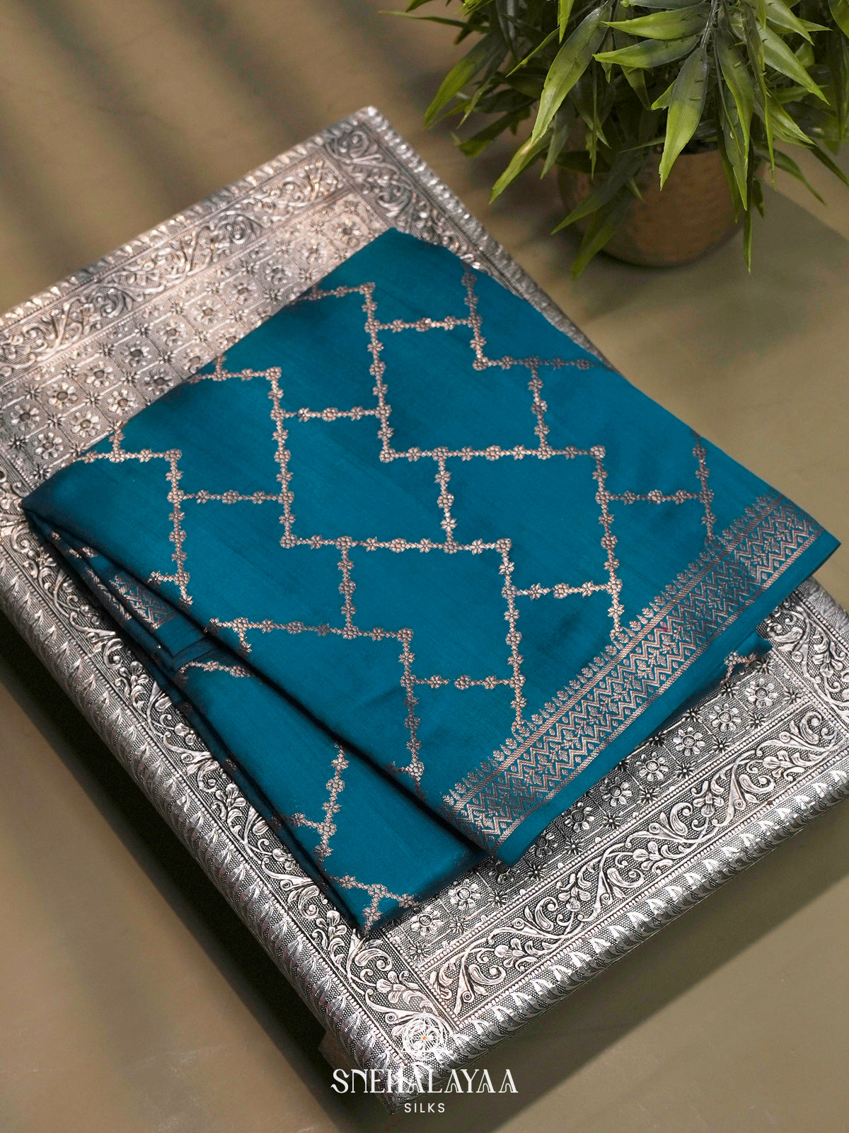 Peacock Blue Chiniya Silk Saree