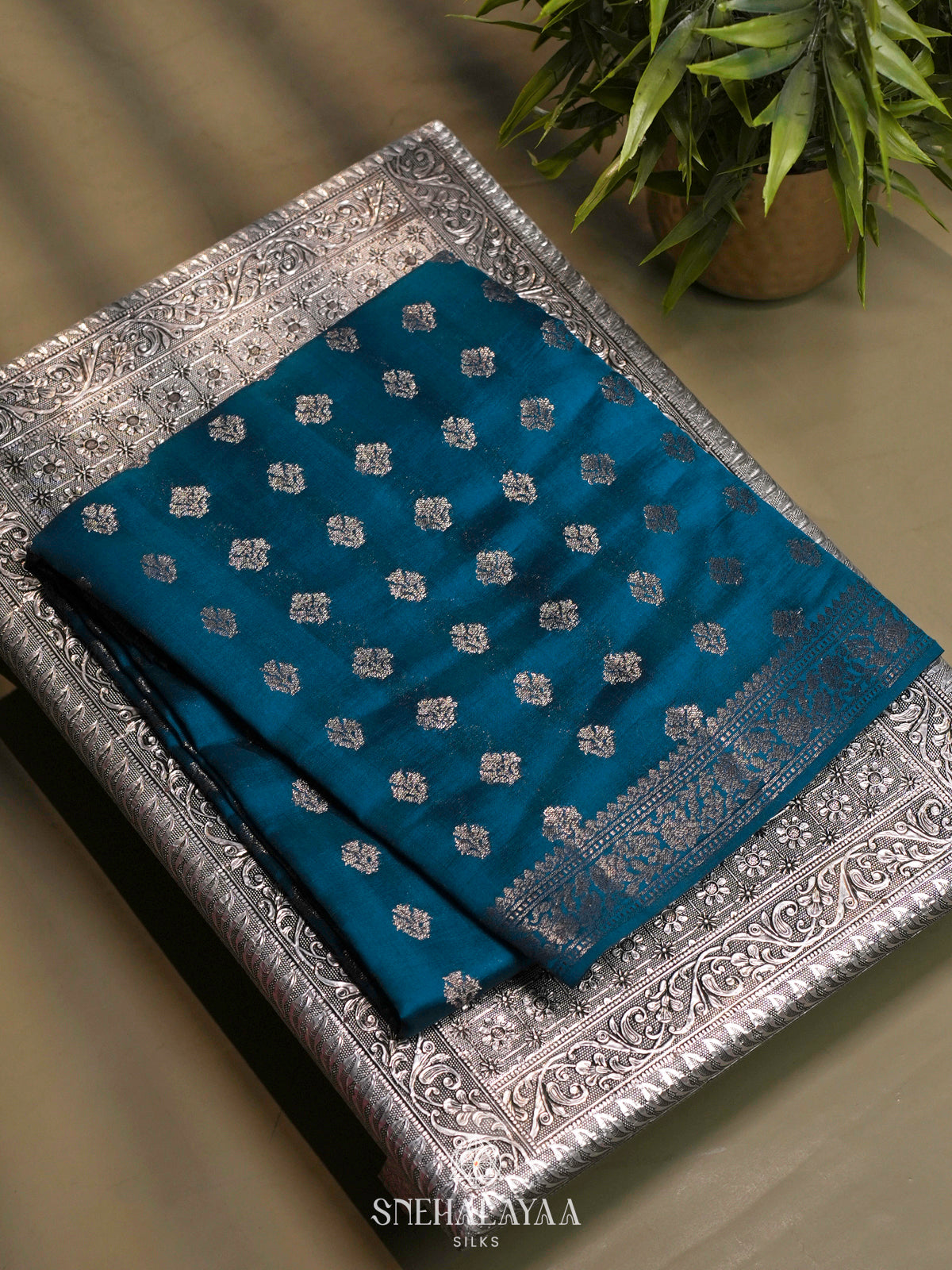 Peacock Blue Chiniya Silk Saree