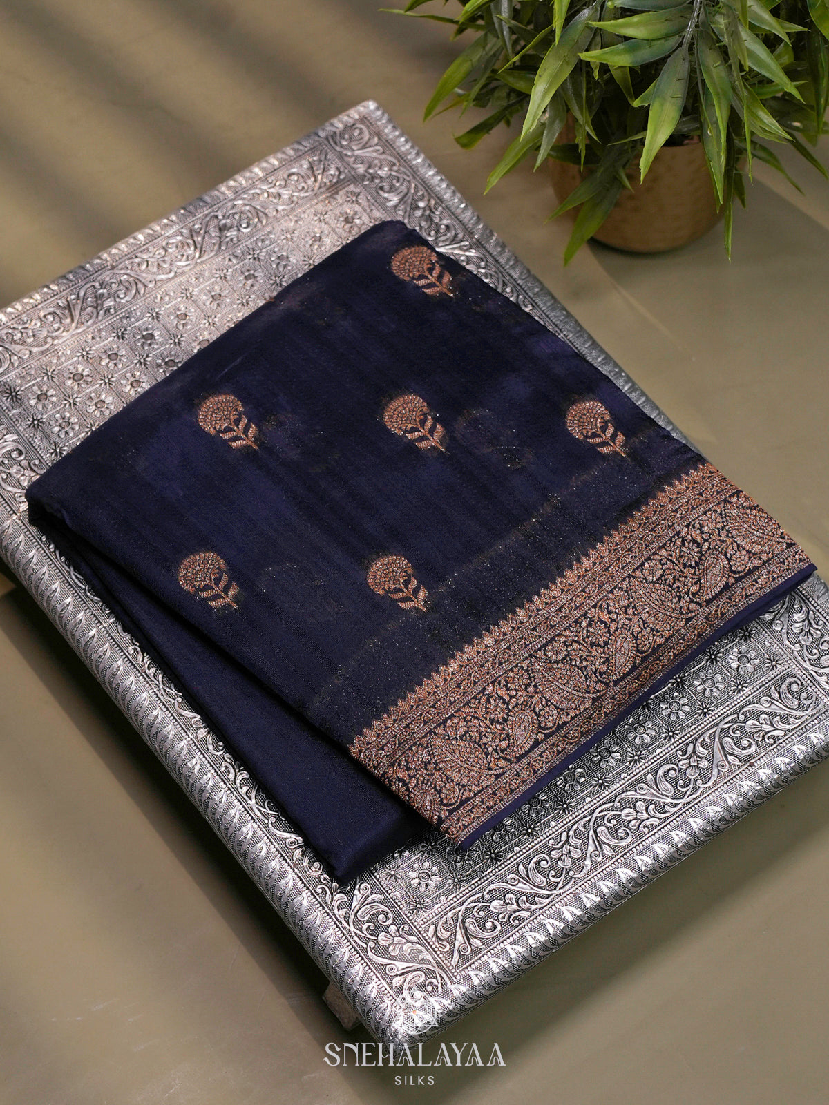 Navy Blue Banaras Raw Silk Saree