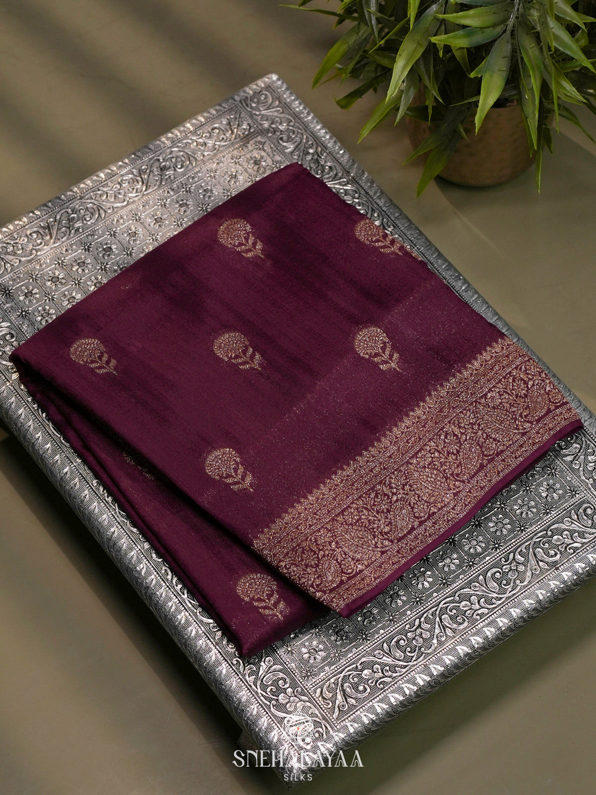Wine Banaras Raw Silk Saree
