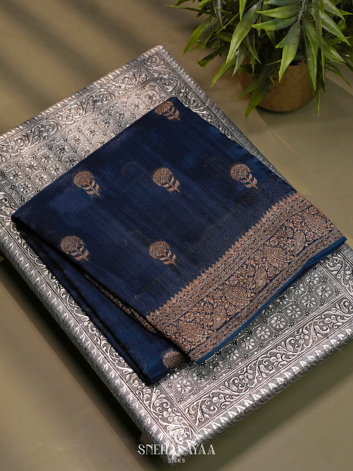 Navy Blue Banaras Raw Silk Saree