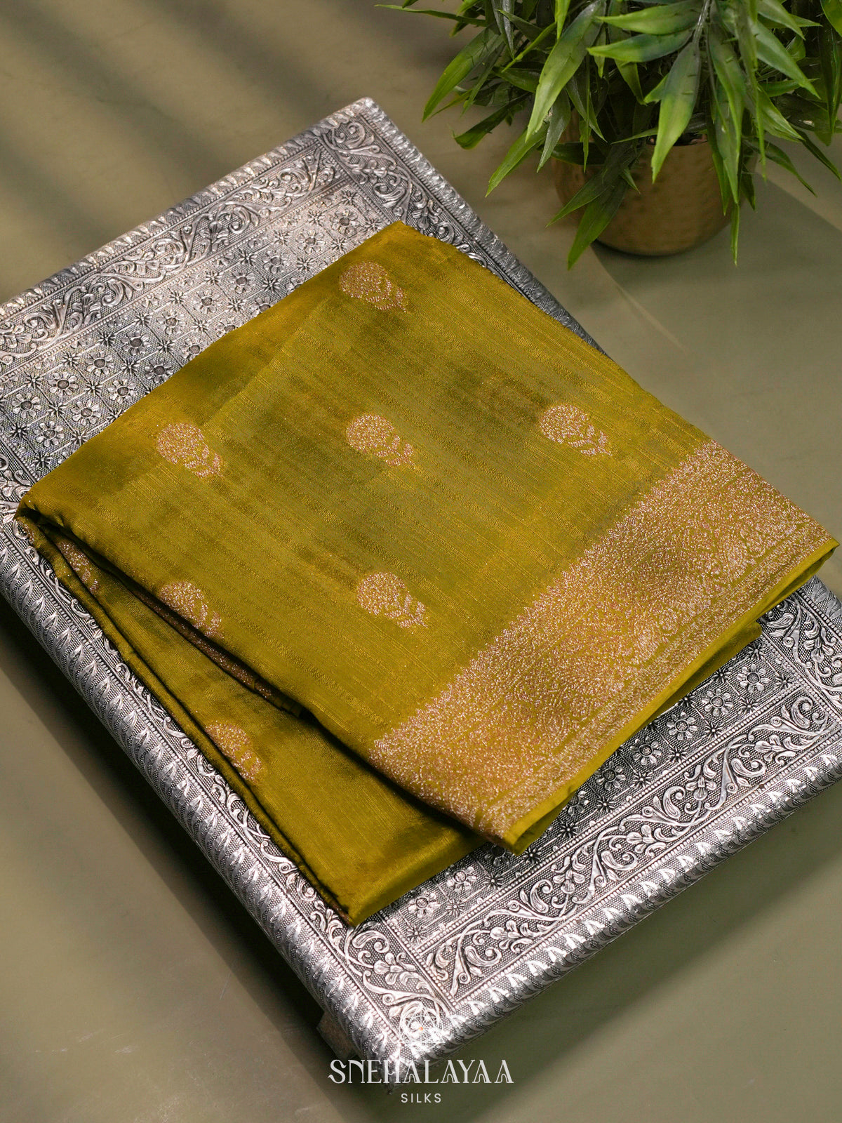 Mahendi Green Banaras Raw Silk Saree