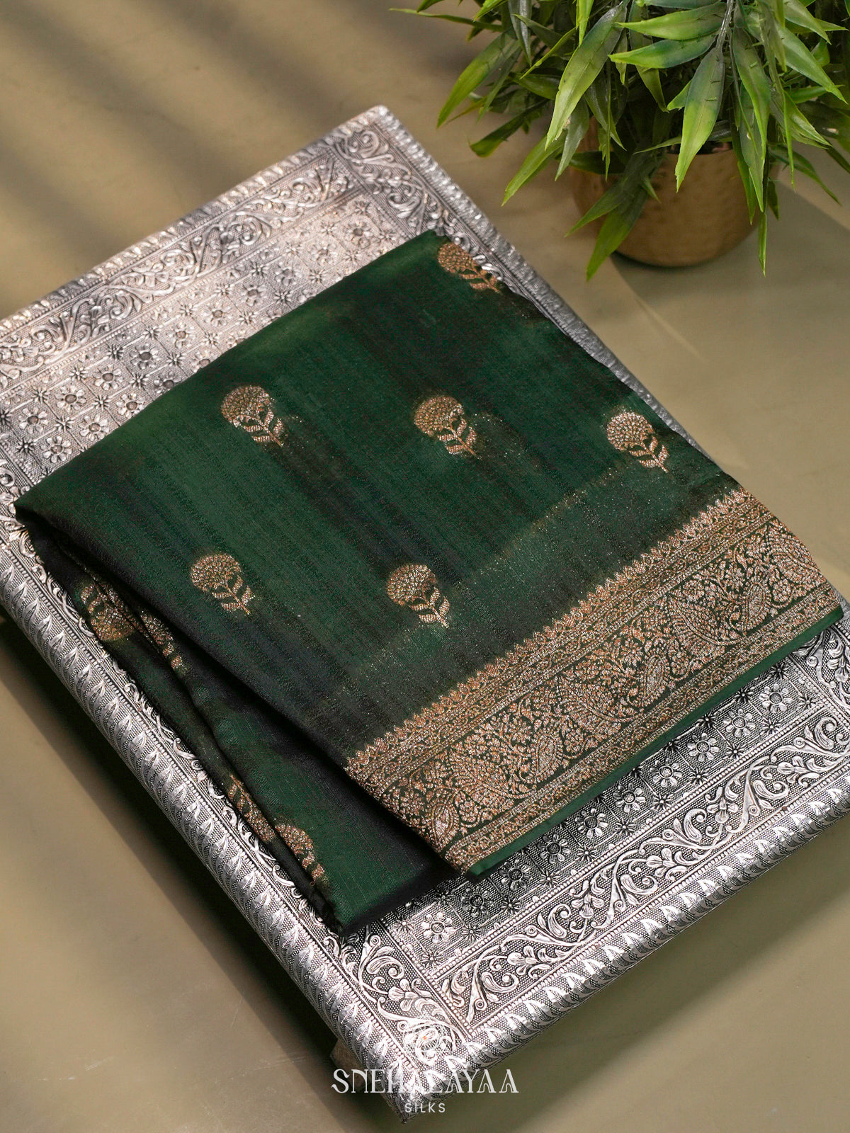 Forest Green Banaras Raw Silk Saree