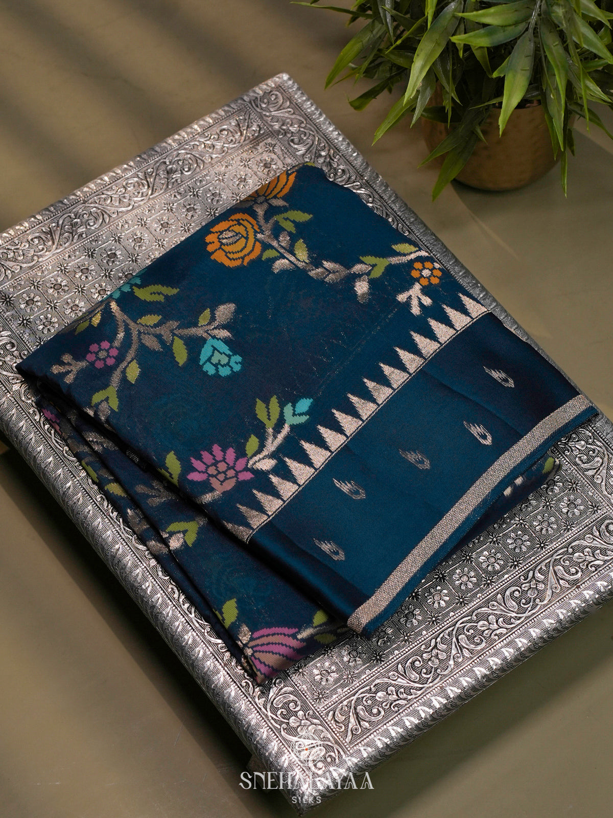 Peacock Blue Banaras Raw Silk Saree