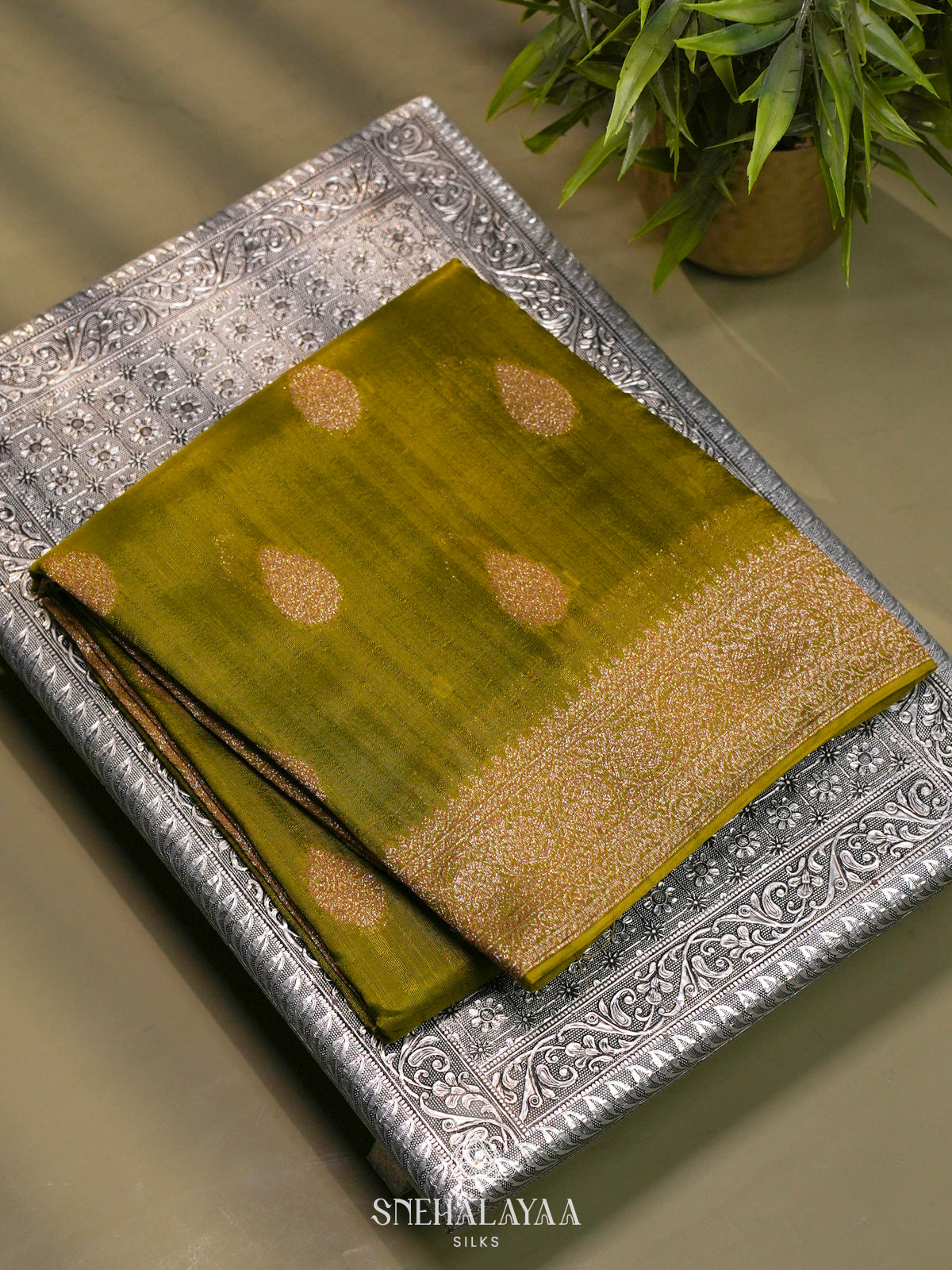 Mahendi Green Banaras Raw Silk Saree
