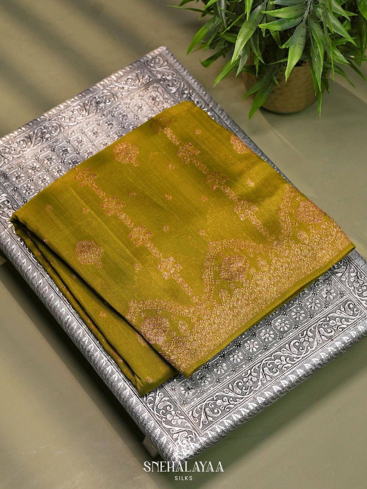Mahendi Green Banaras Raw Silk Saree
