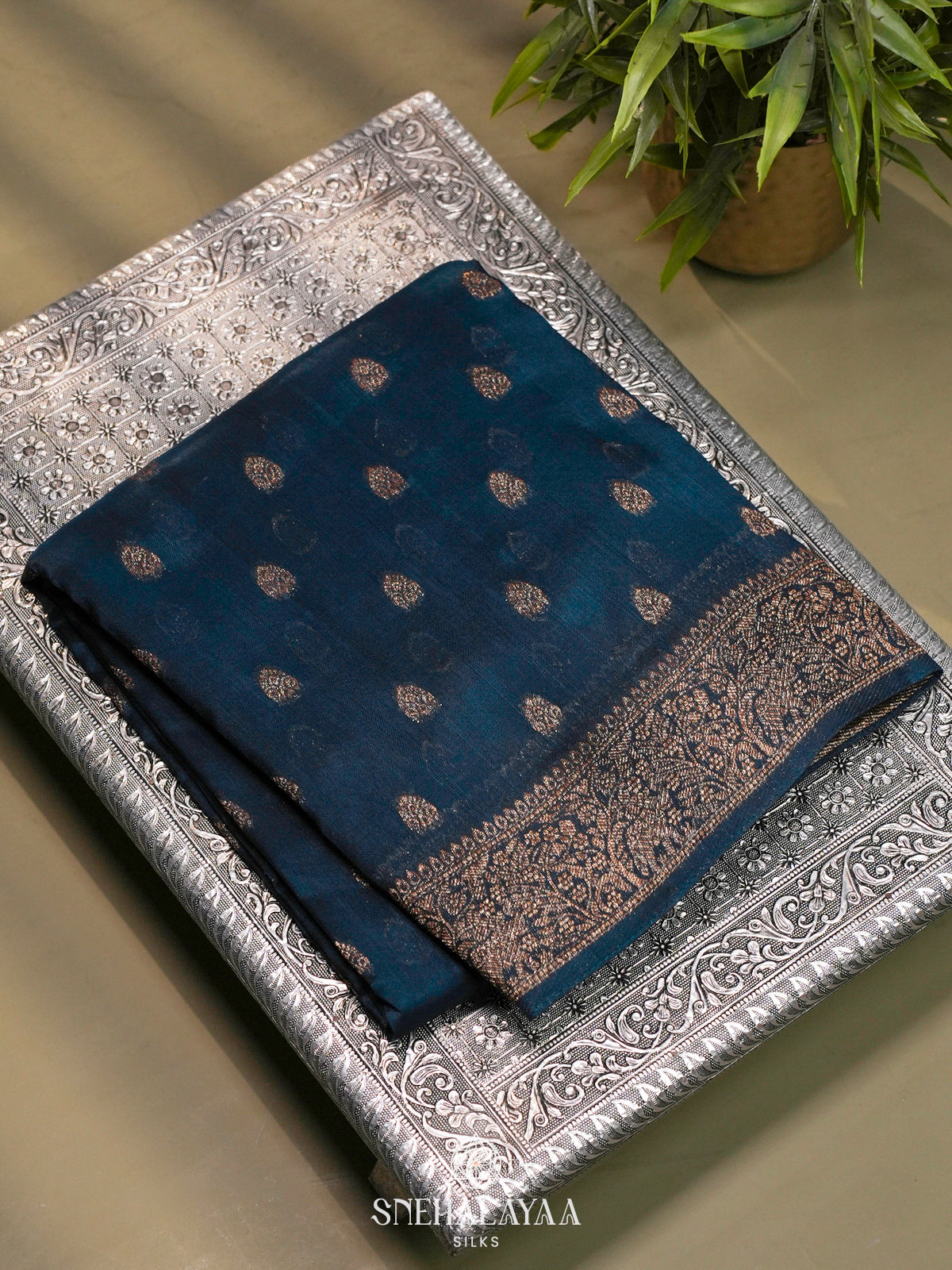 Peacock Blue Banaras Raw Silk Saree