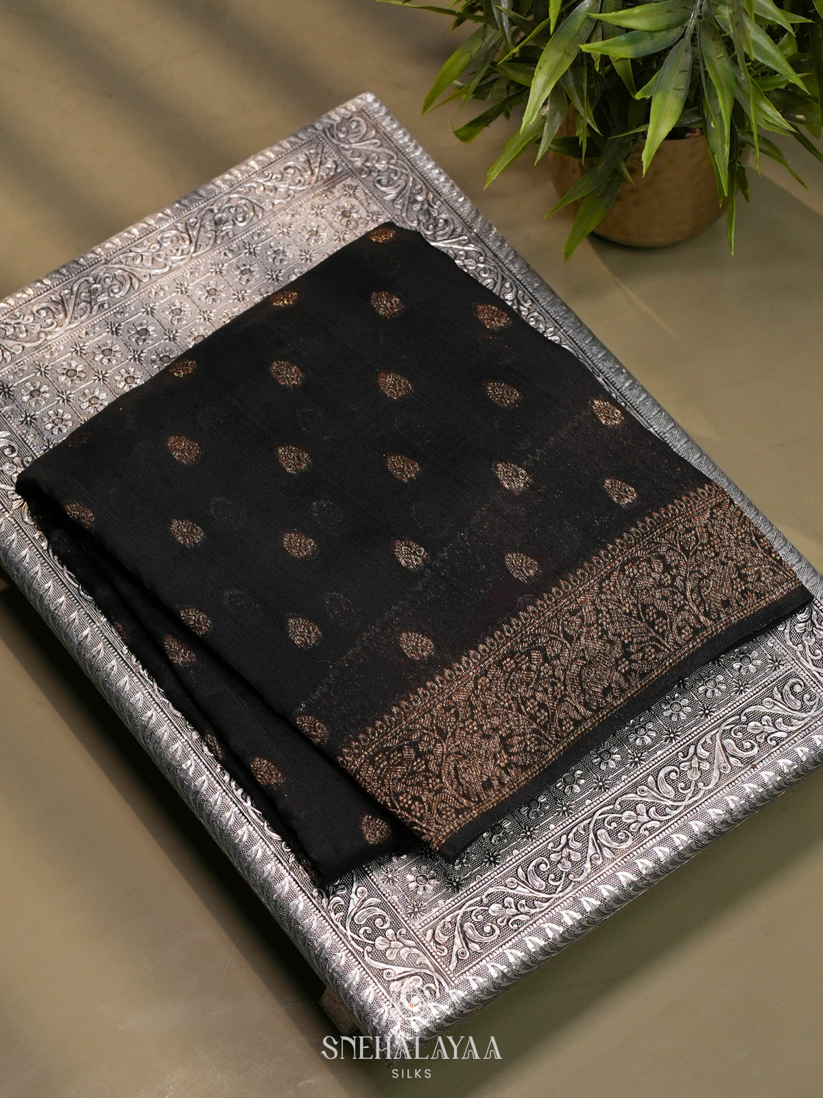 Black Banaras Raw Silk Saree