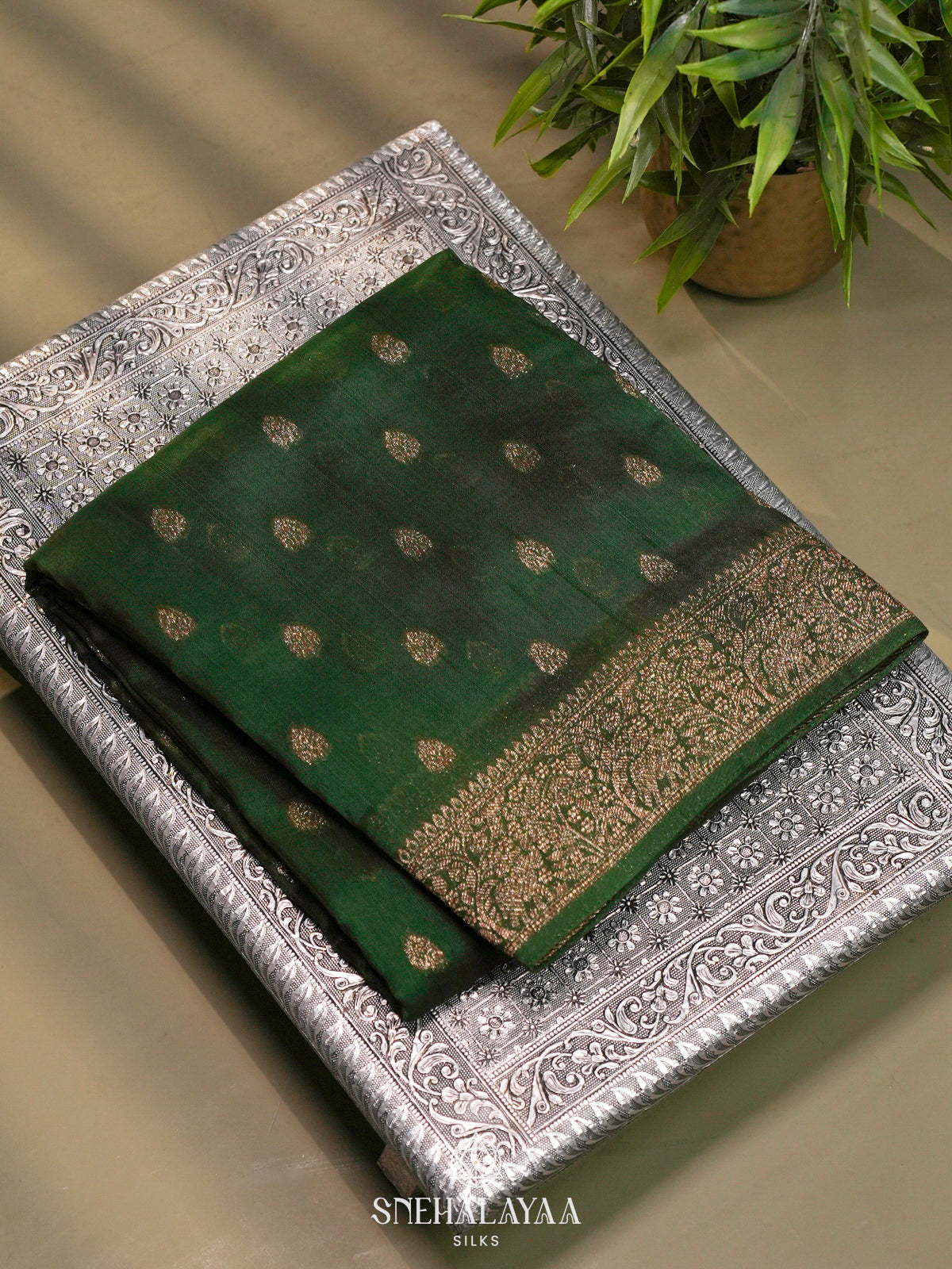 Forest Green Banaras Raw Silk Saree