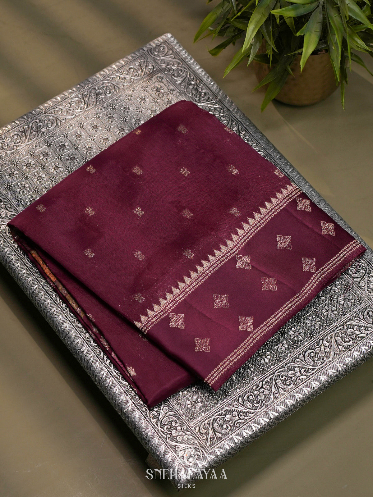 Wine Banaras Raw Silk Saree