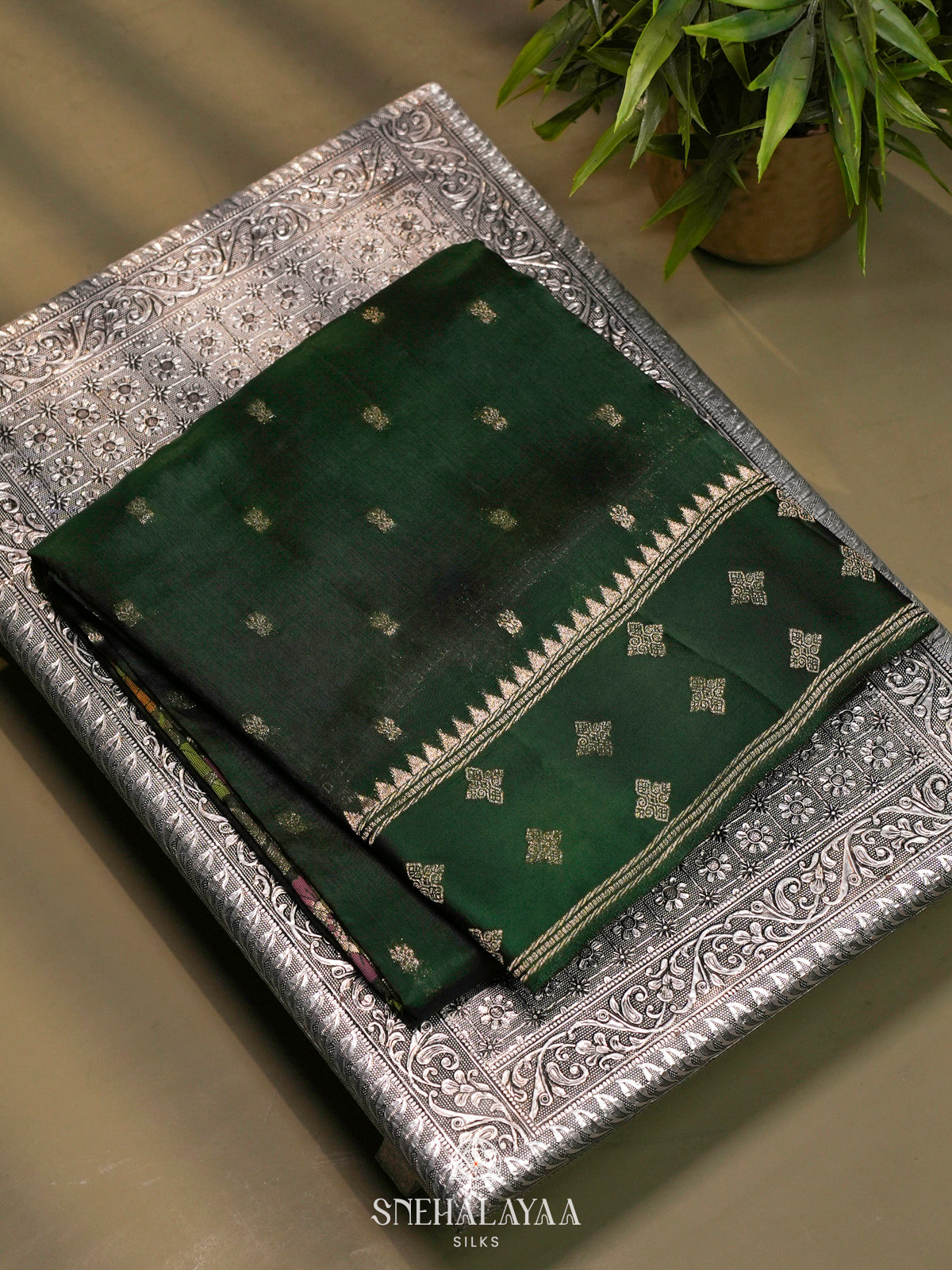 Forest Green Banaras Raw Silk Saree
