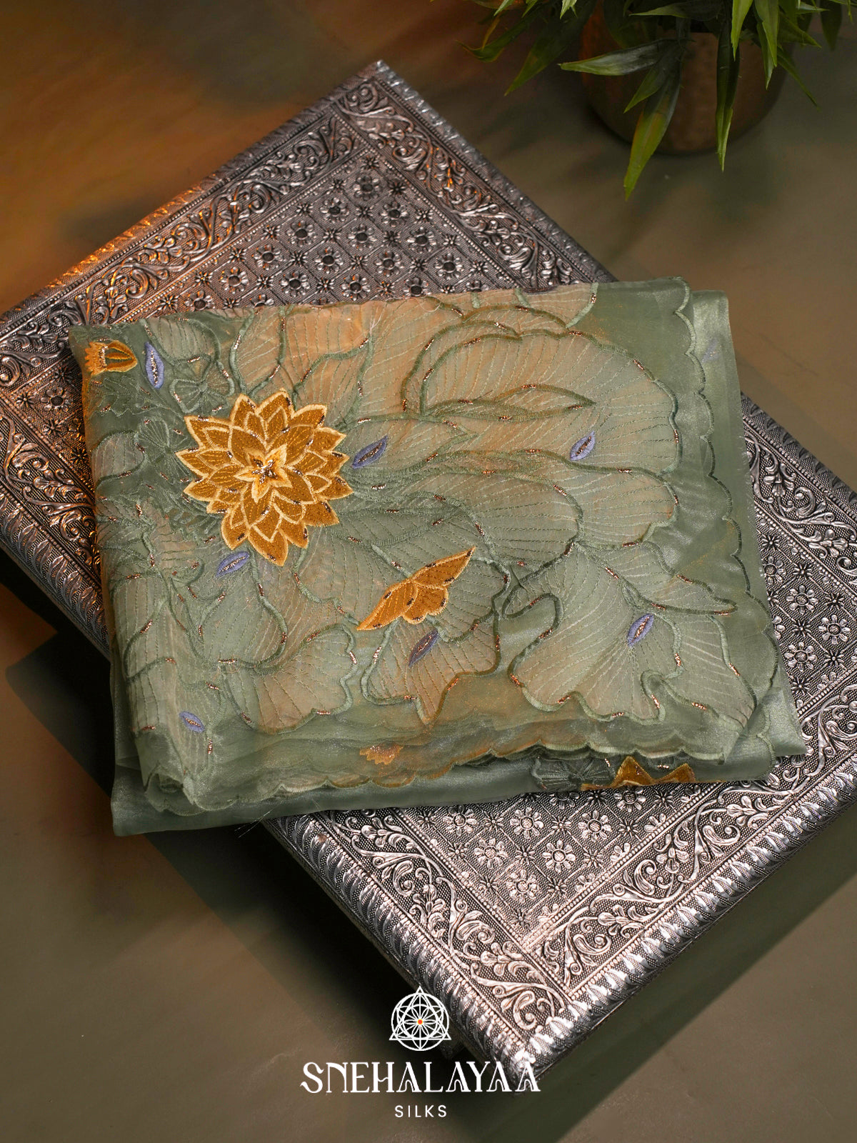 Green Embroidered Organza Saree